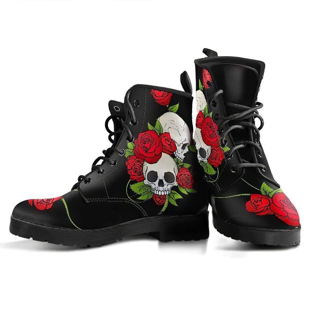 Skull & Roses, Gothic Hiking Boots, Women's Vegan Leather, Combat Style Emo Punk Goth Winter Boots