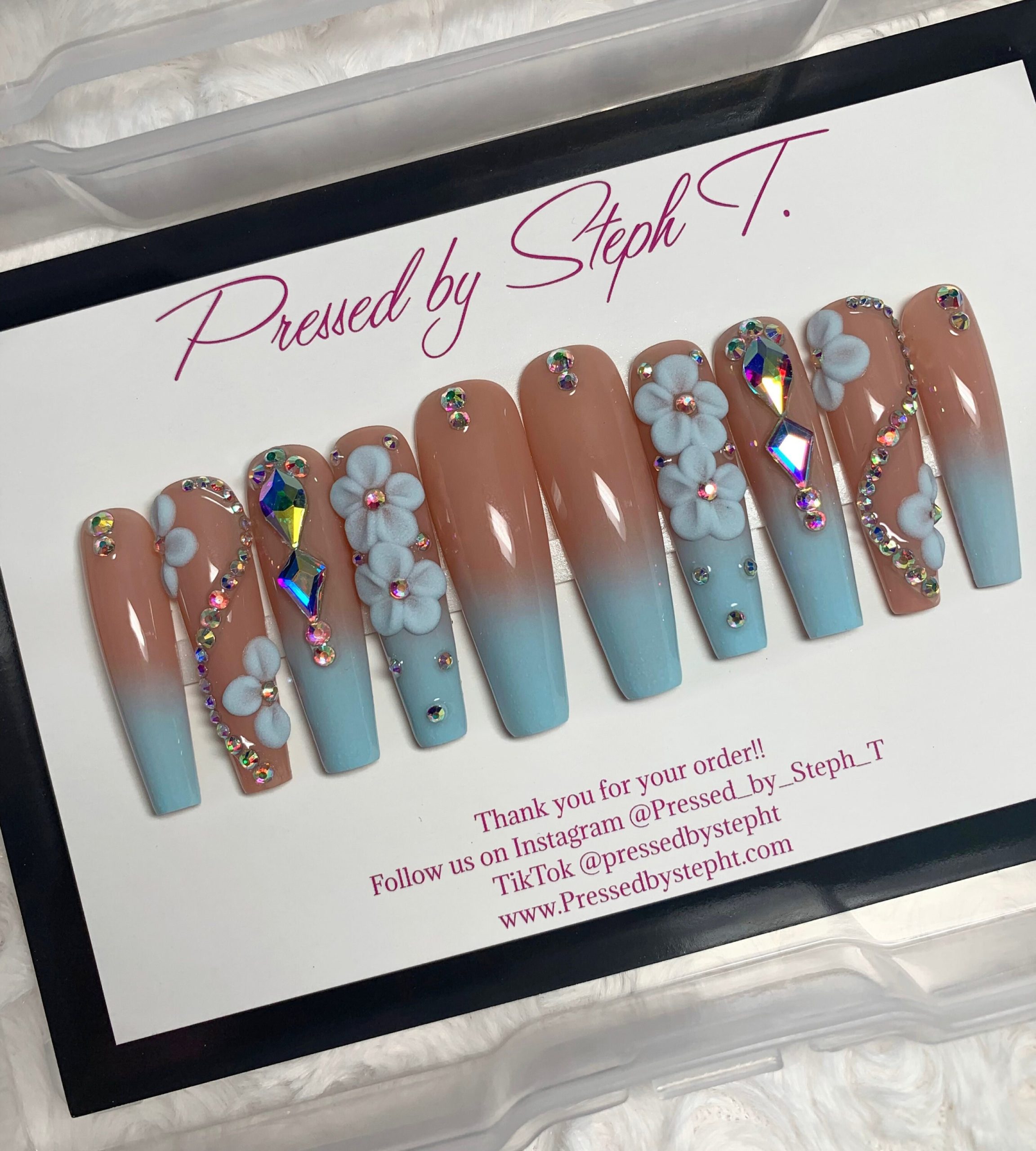 Sky Bloom | Ombre Nails Luxury Press On Bling Coffin Stiletto Square 3D Acrylic Flower