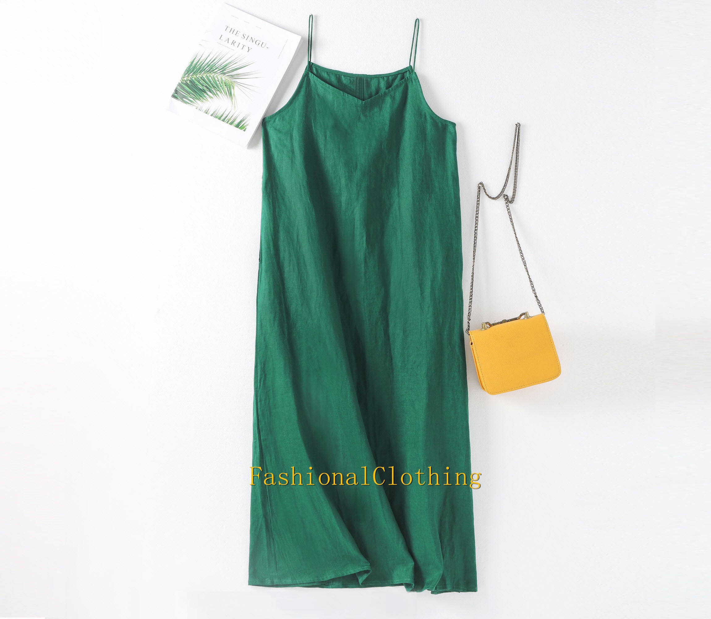 Slip Dress Linen Slip Long Beach Summer Women's Green Camisole