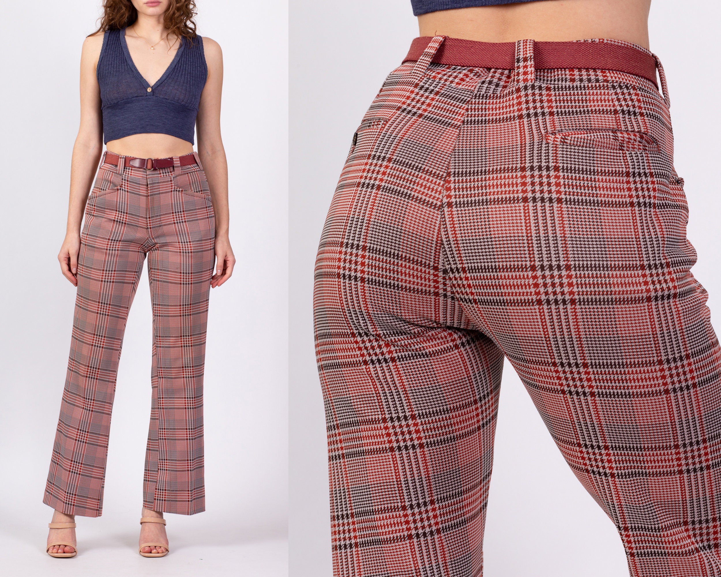 Sm-Med 70S High Waisted Plaid Trousers Unisex 30" | Vintage Bootcut Houndstooth Pants