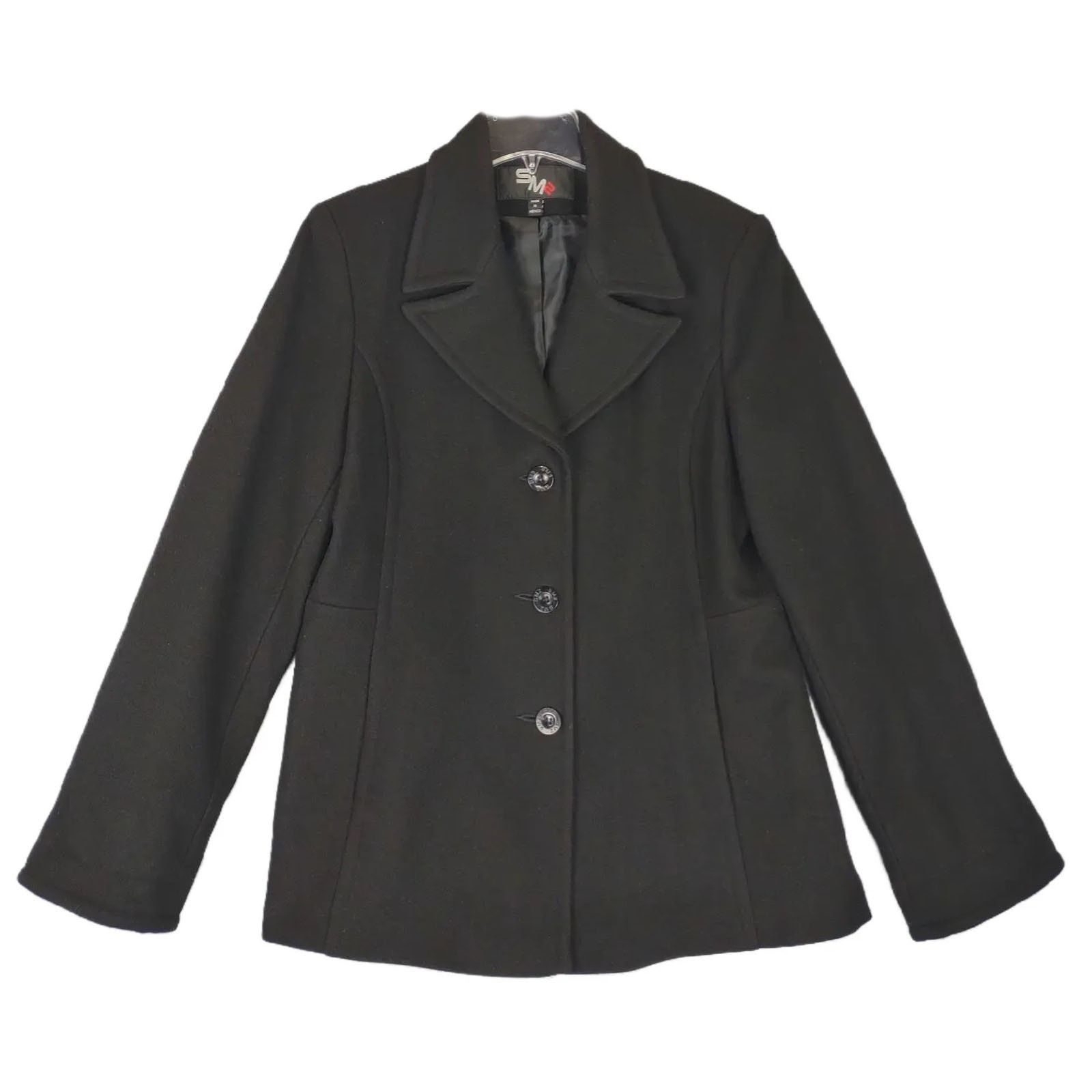 Sm2 Wool Blend 3-Button Pea Coat A-Line Overcoat Jacket in Black, Women's (Size Large)