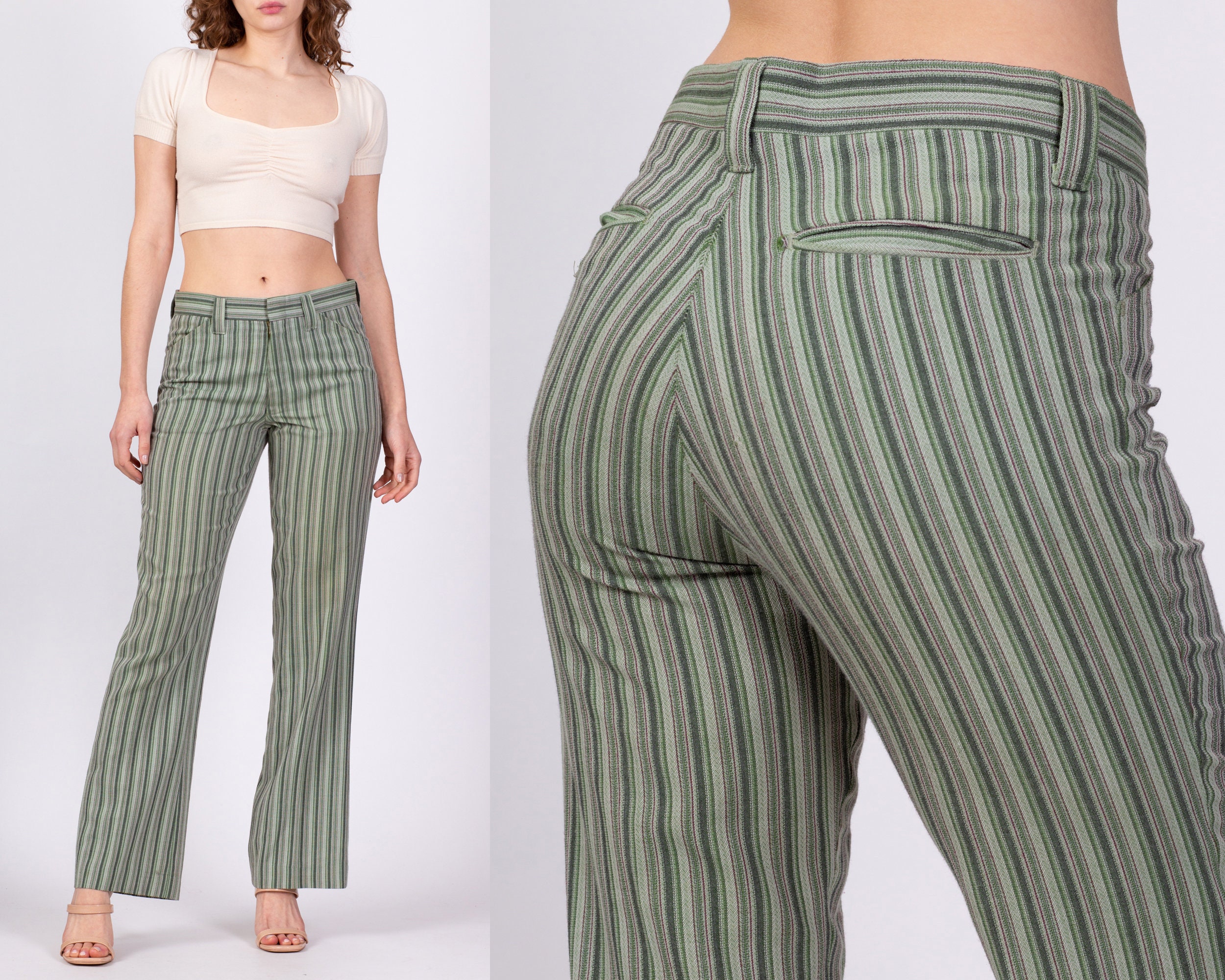 Small 70S Green Striped Mid Rise Unisex Trousers 32" Waist | Vintage Farah Slim Bootcut Pants