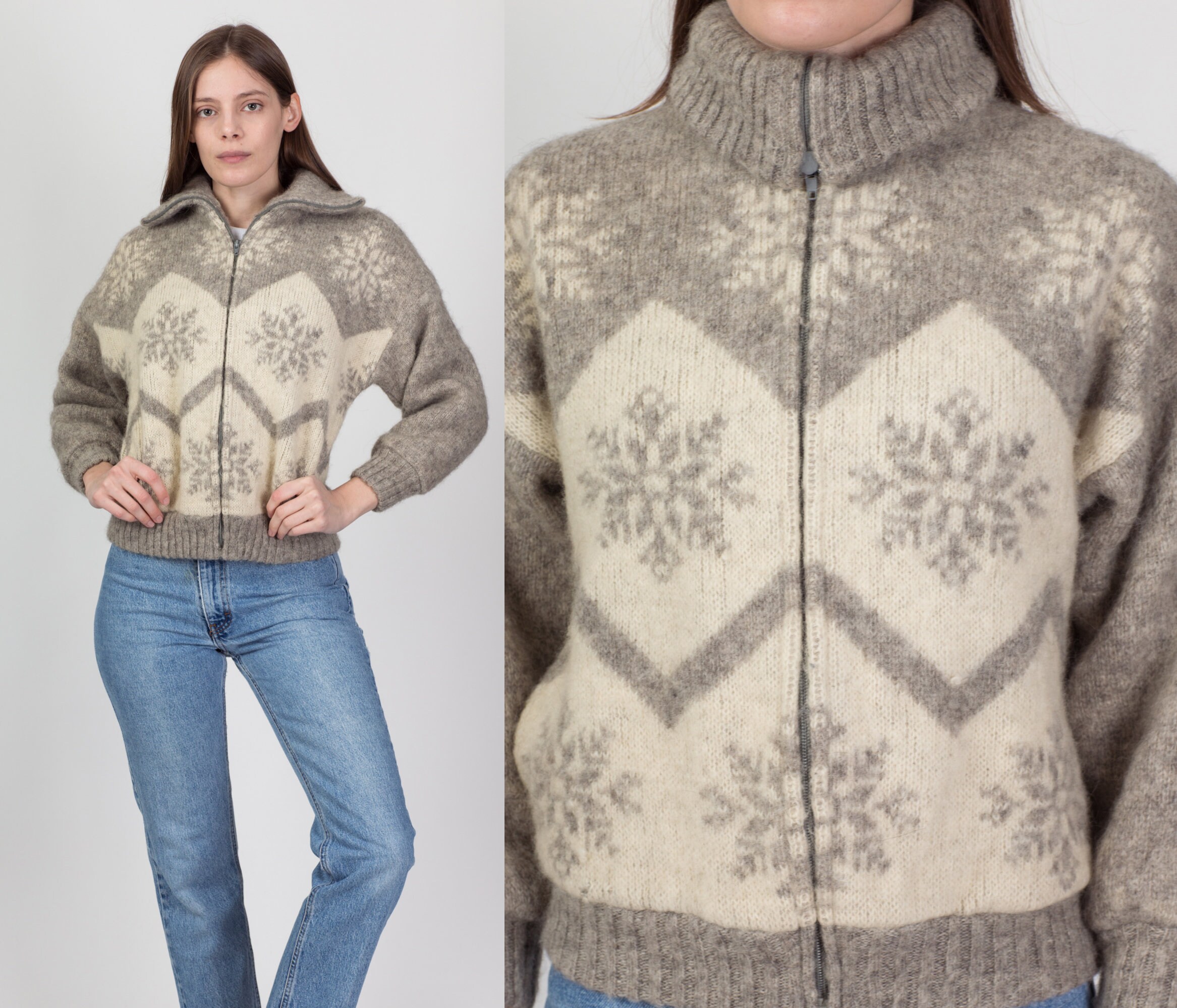 Small 70S Hilda Icelandic Cropped Snowflake Sweater Coat | Vintage Fair Isle Wool Zip Up Winter Cardigan Bomber Jacket