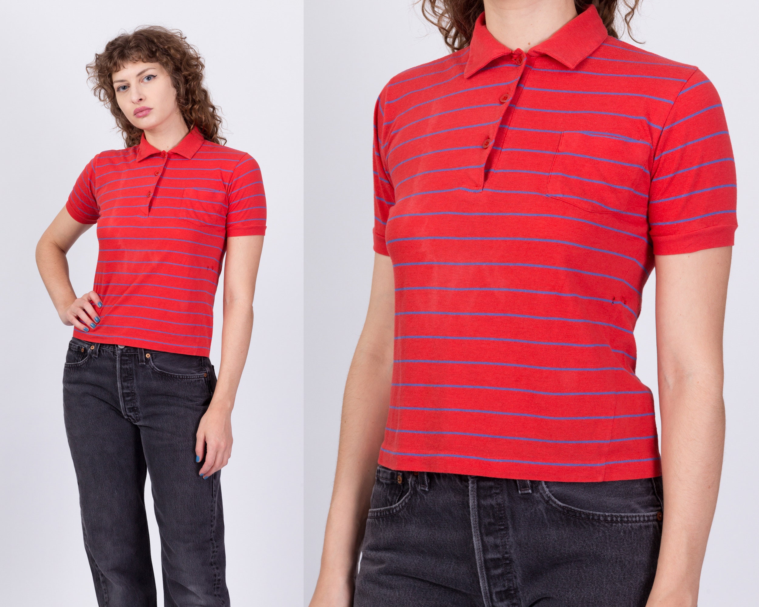 Small 80S Red Striped Polo Shirt | Vintage Short Sleeve Collared Crop Top