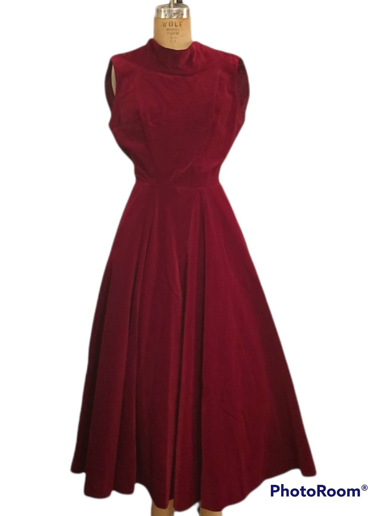 Small Waisted Vintage Classic 1950S Red Velvet Dress. Circle Skirt. Anne Fogarty Pockets. Sleeveless