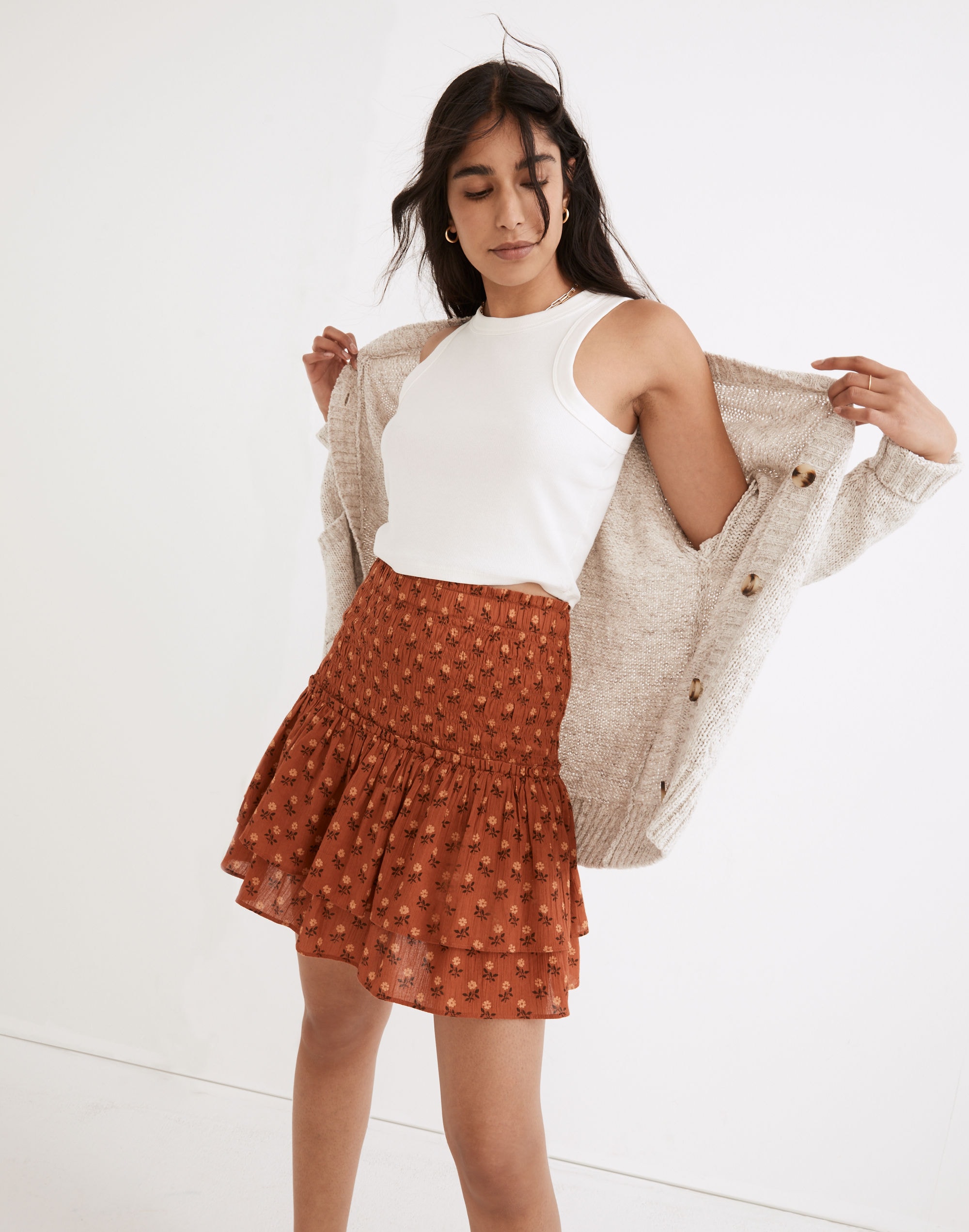 Smocked Pull-On Tiered Mini Skirt in Wild Calendula Block-Print