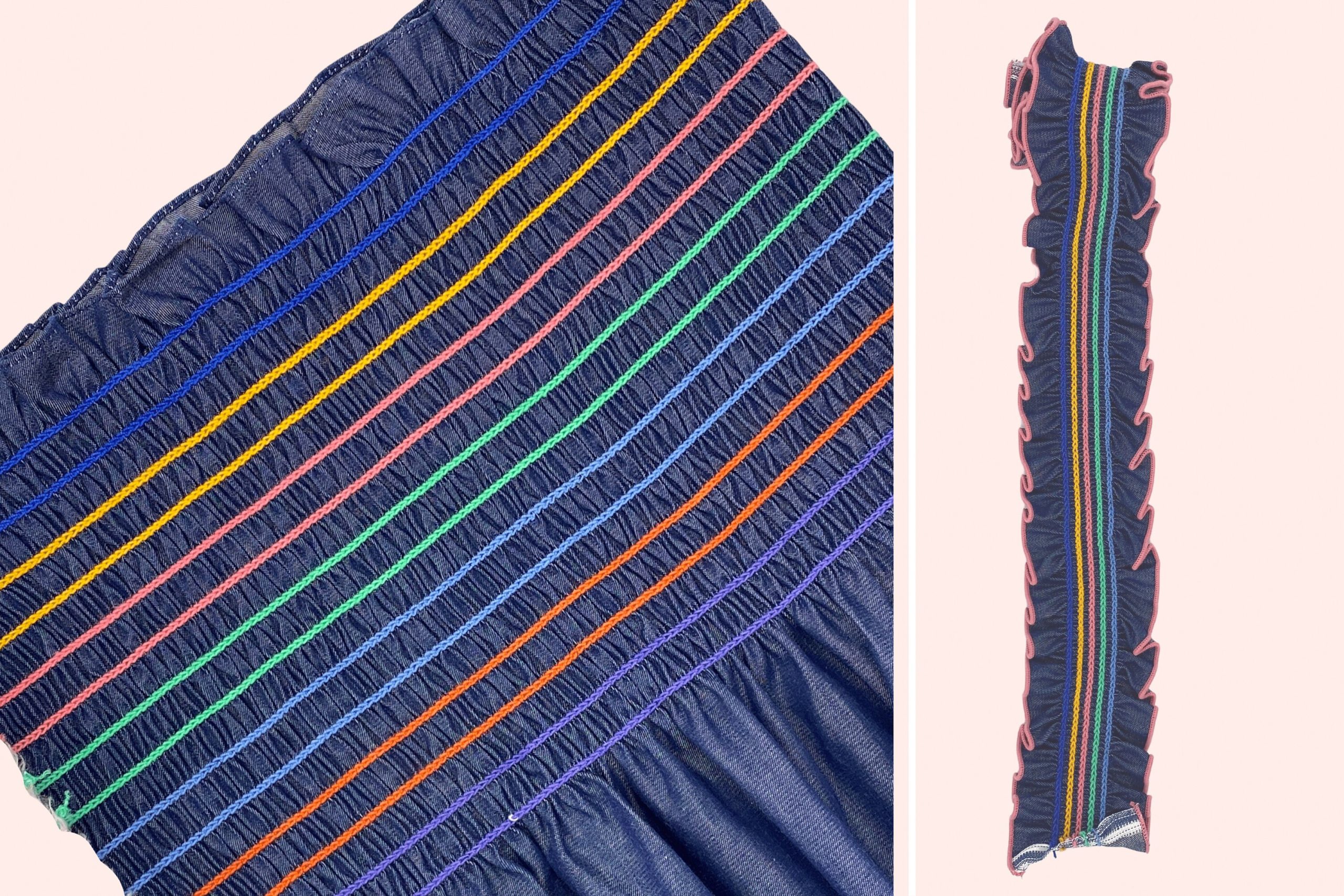 Smocked Shirred Fabric in Cotton Rayon Denim, Rainbow Color Elastic Shirring For Dresses & Skirts | Strap Sold Separately