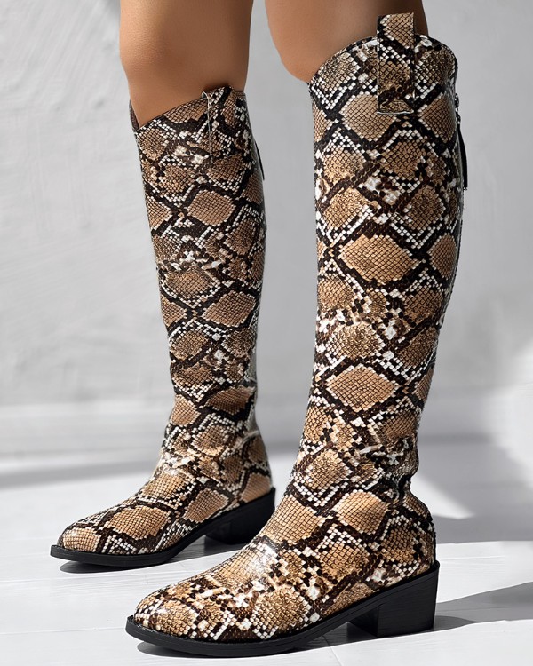 Snakeskin Print Chunk Heel Knee-High Boots