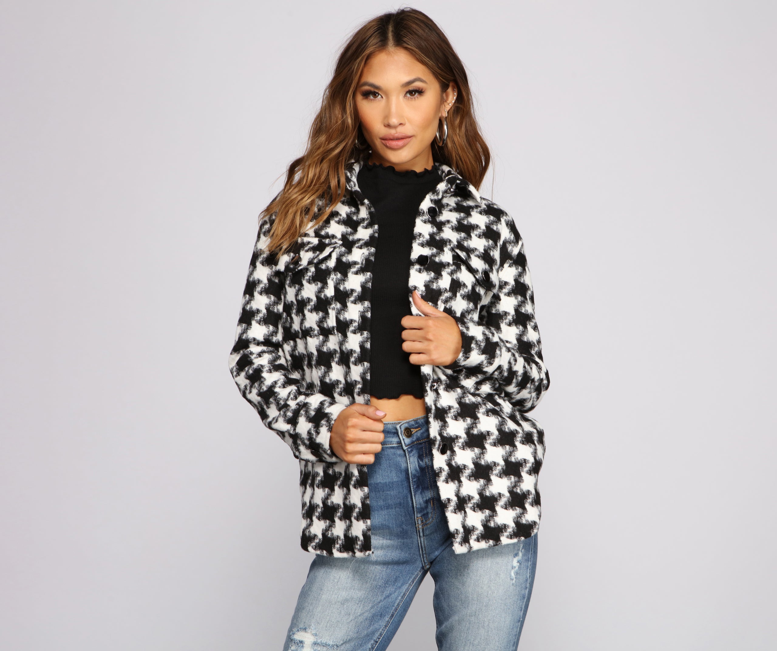 So Chic Houndstooth Woven Shacket