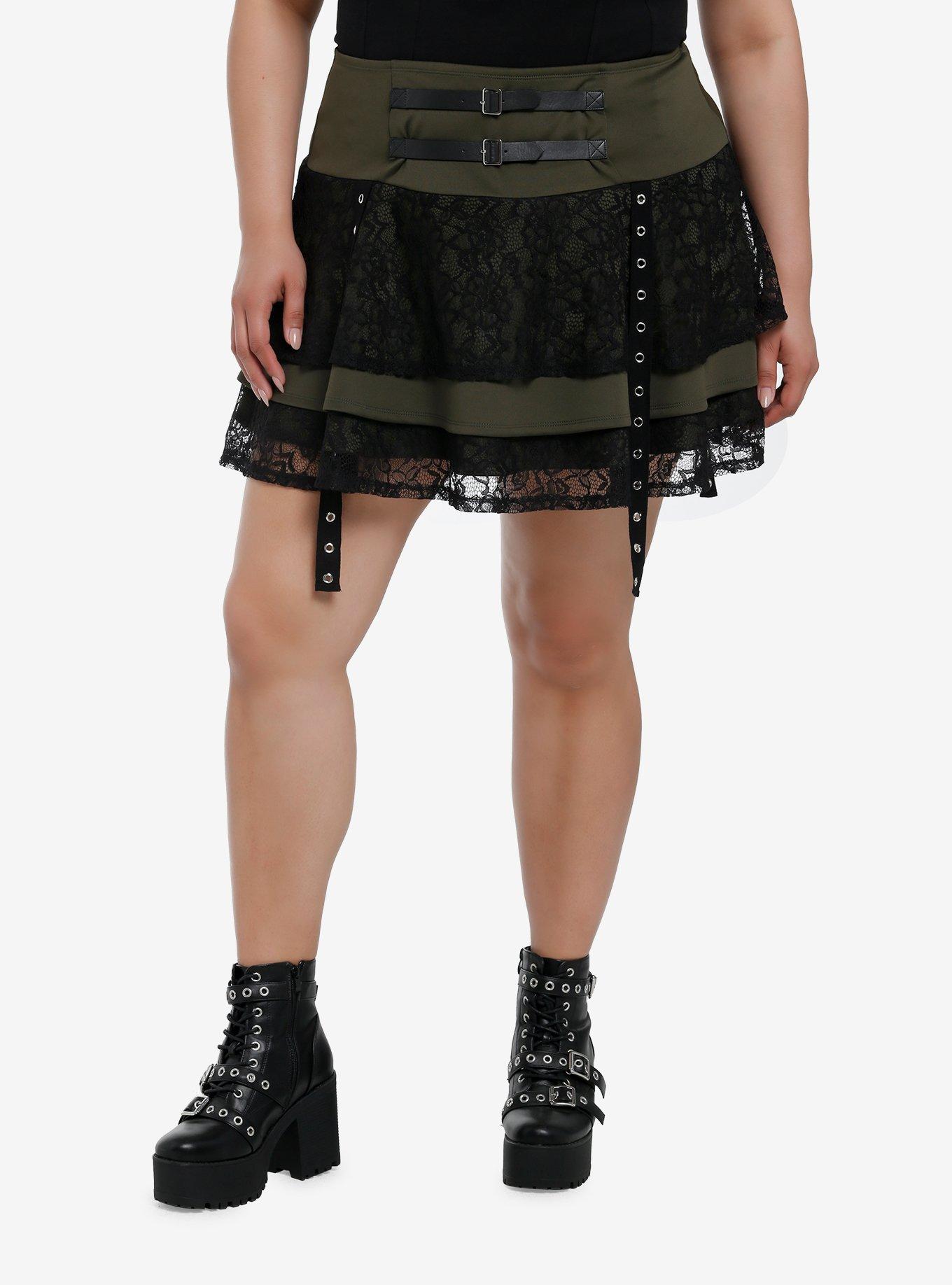 Social Collision Olive & Black Lace Grommet Strap Tiered Skirt Plus Size