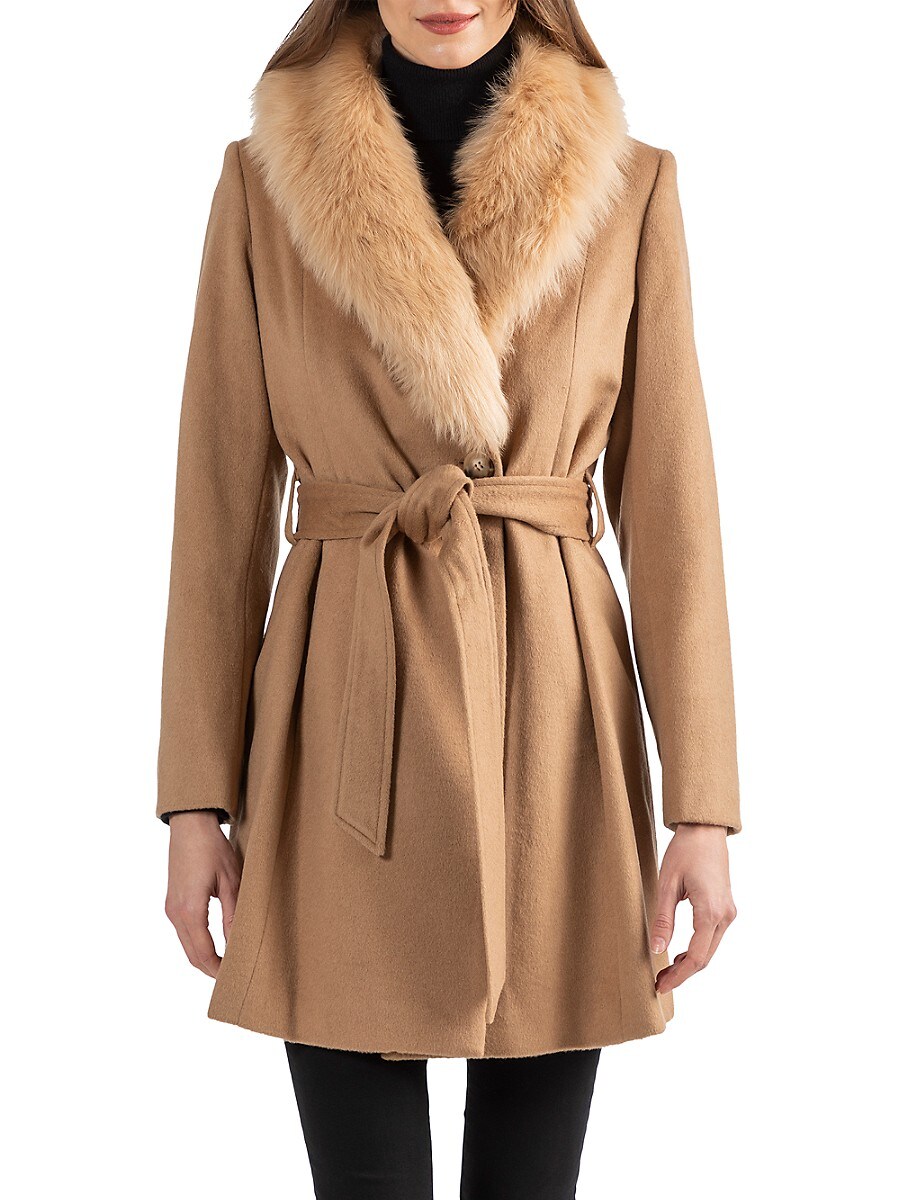 Sofia Cashmere Women's Shearling Collar Wrap Coat - Camel - Size 10