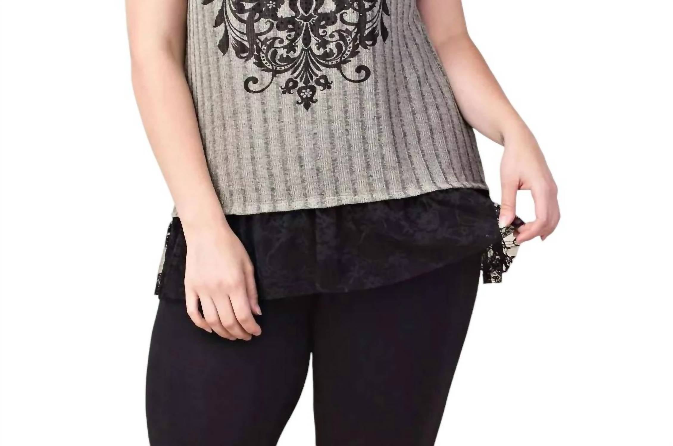 Soft Ribbed Knit Embellished Top - Plus In Grey