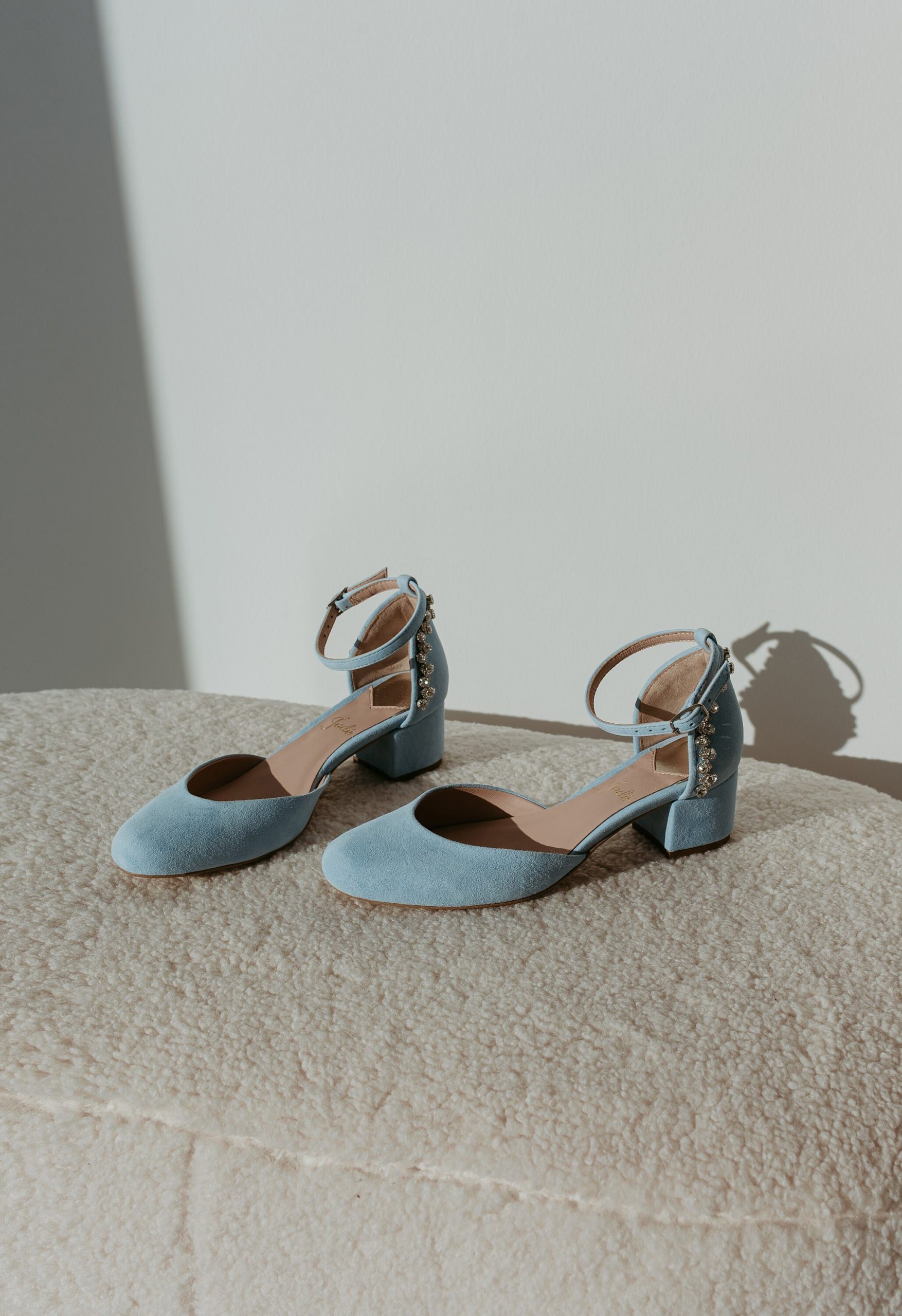 Something Blue Wedding Shoes With Low Block Heel, Bridal Sandals Almond Toe & Ankle Strap, Crystal Embroidery