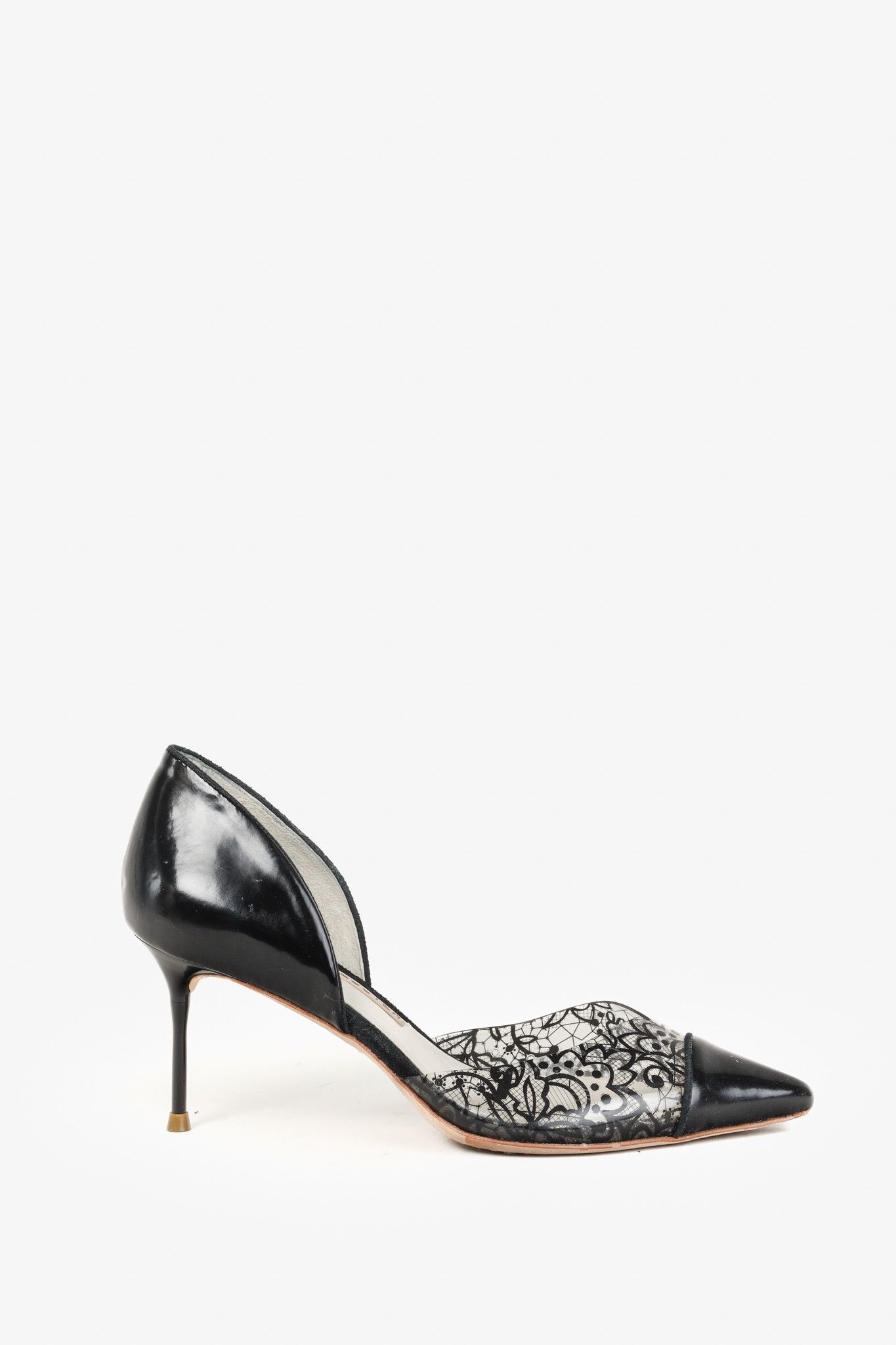 Sophia Webster Black Patent Printed Lace Detail Stilettos Shoes in Black/Clear, Women's (Size 6)