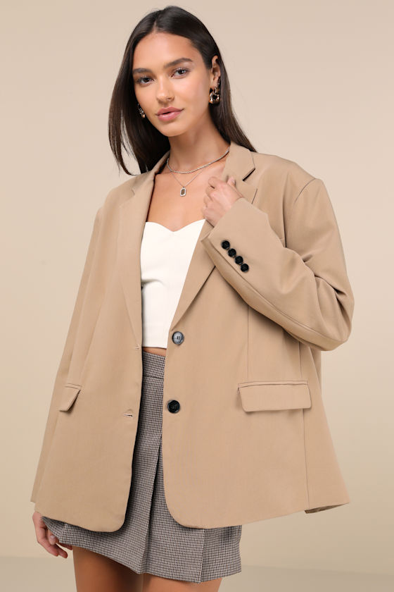 Sophisticated Era Taupe Oversized Blazer