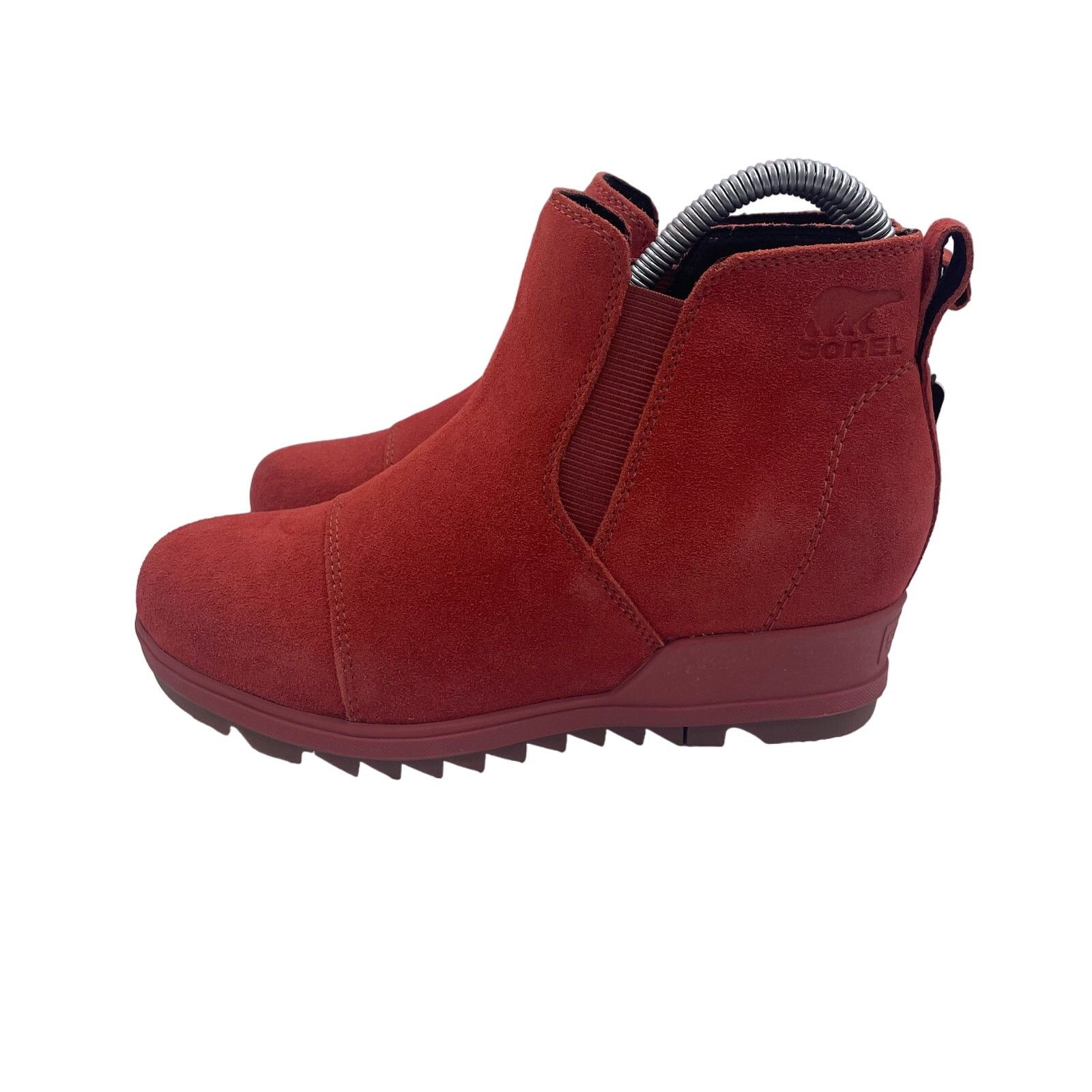 Sorel Evie Pull On Ankle Boots Suede Wedge Waterproof Red 7, Women's