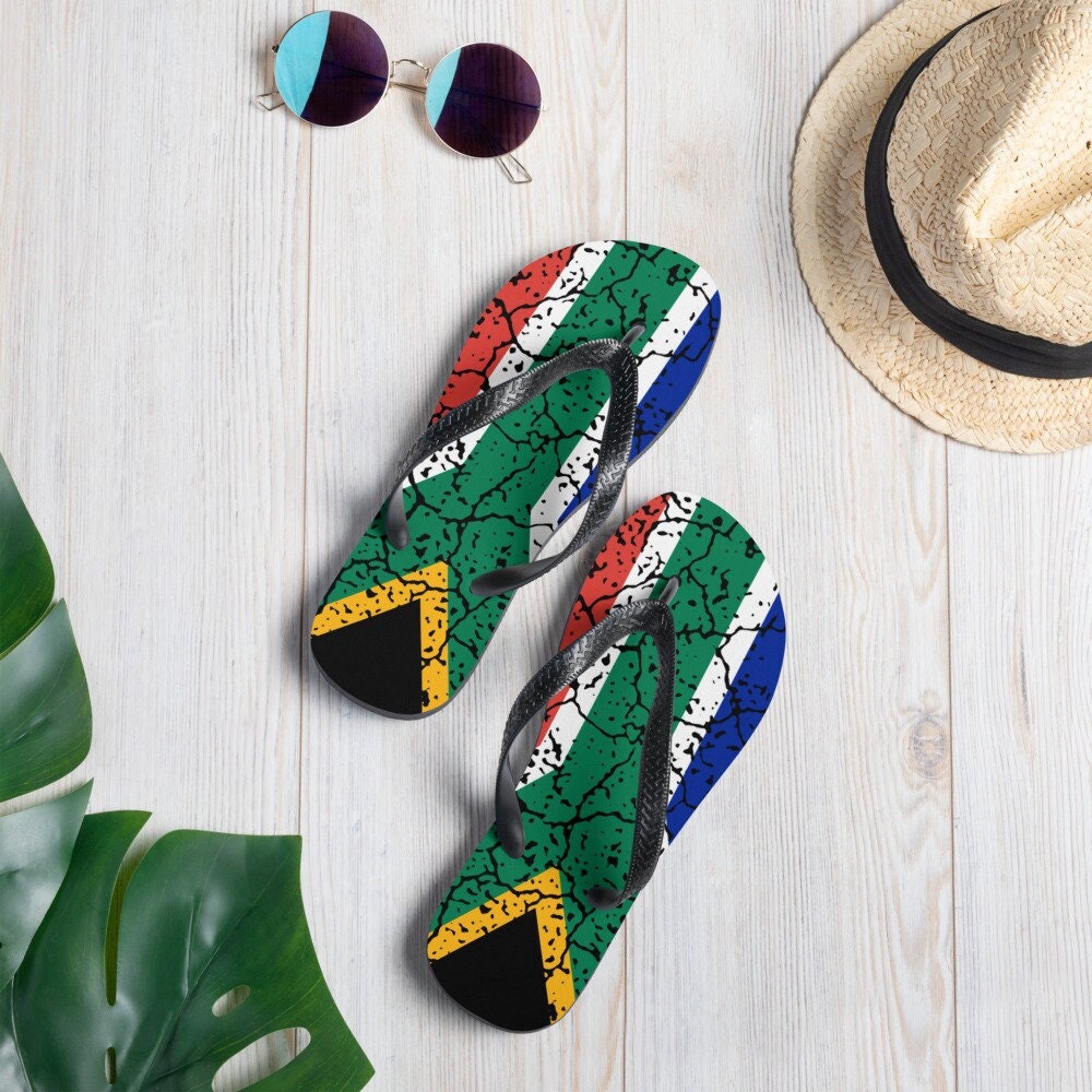 South Africa Flag Flip-Flops | Lekker Chill Bru Howzit Saffa Braai Time Sports Supporter Distressed Pattern