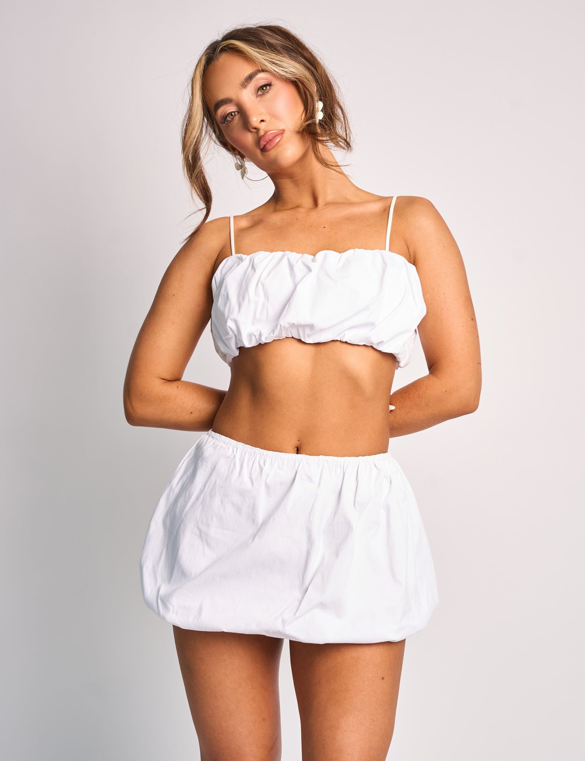 Spaghetti Strap Balloon Crop Top Co Ord White