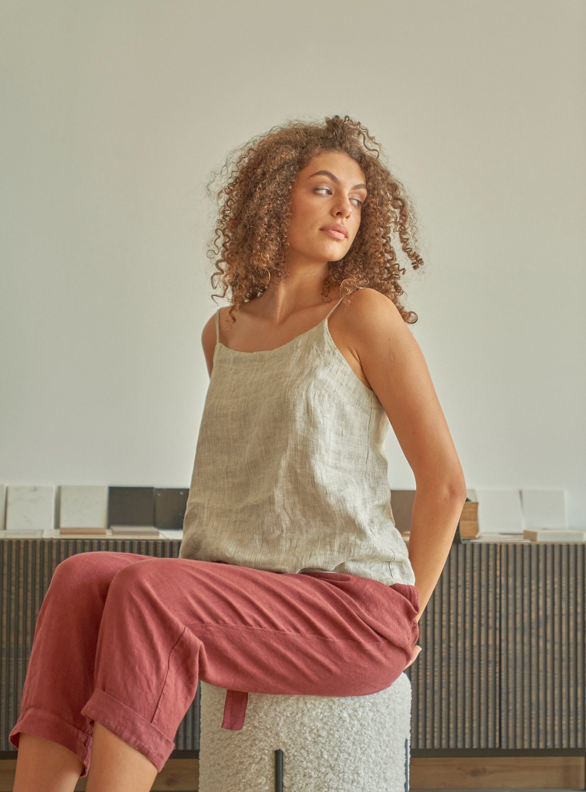 Spaghetti Straps Round Neck Striped Linen Top Blouse, Sleeveless Tank, Strappy Camisole Gentleness in Striped Linen