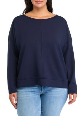 Spense Women's Plus Size Satin Trim Sweatshirt, Navy Blue, 1X