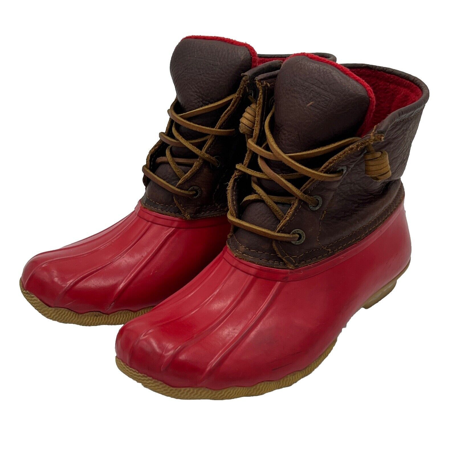 Sperry Top-Sider Red Brown Leather Rubber Duck Rain Boots 6, Women's