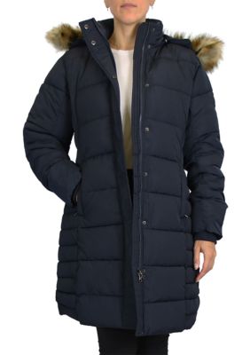 Spire By Galaxy Women's Heavyweight Parka Jacket With Detachable Faux Fur Hood, Navy Blue, Small