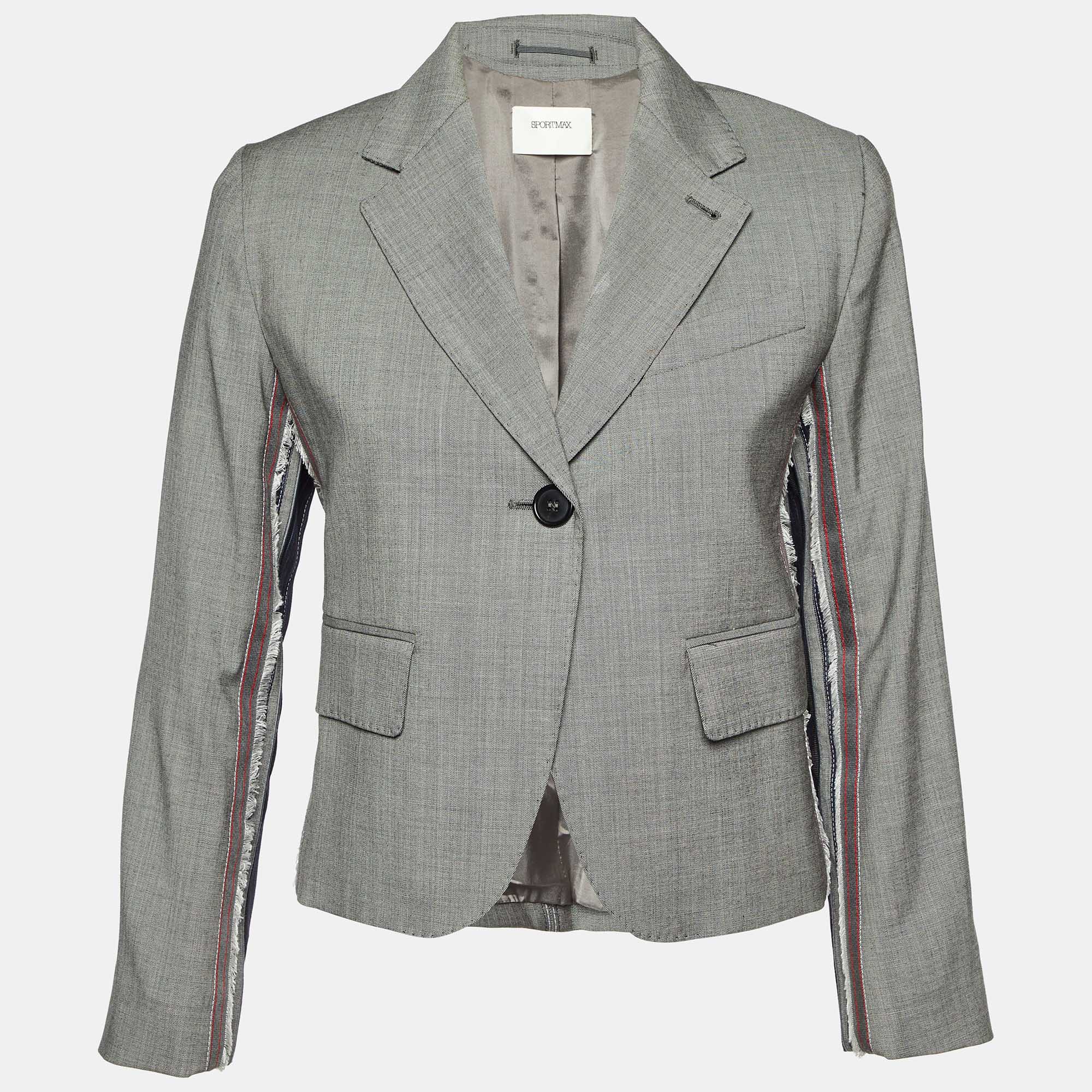 Sportmax Grey Wool Blend Trim Detail Cropped Blazer S