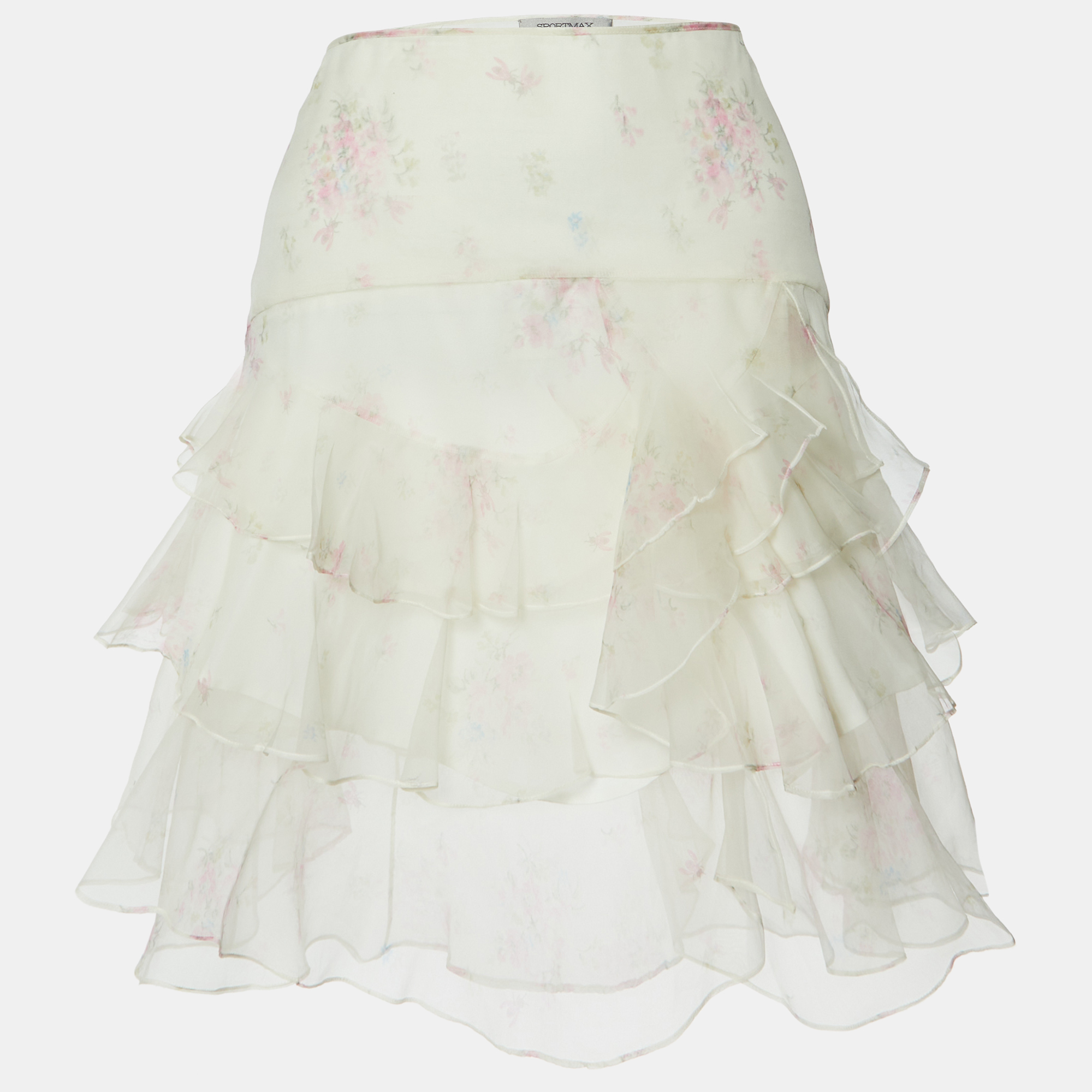 Sportmax White Floral Print Organza Tiered Skirt L