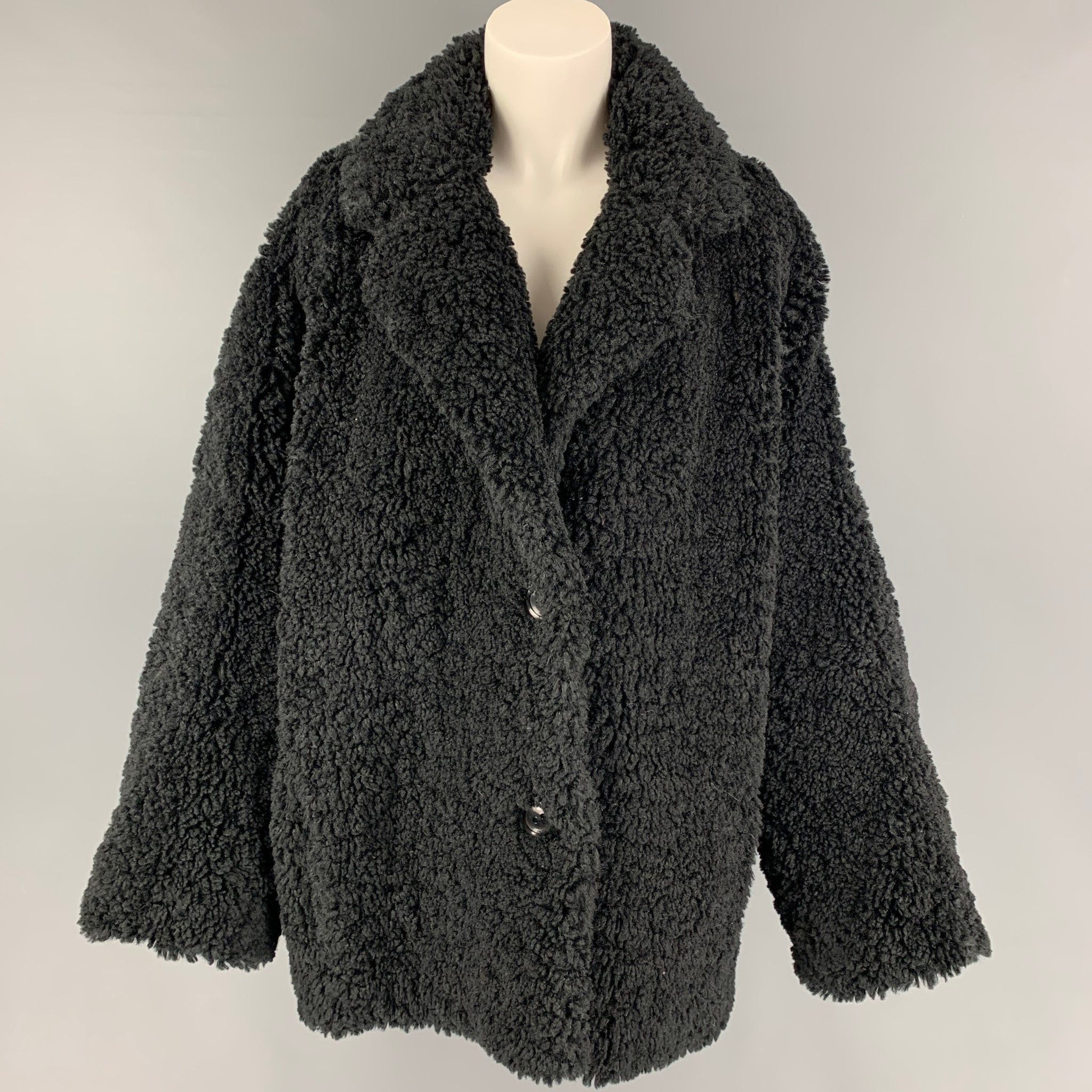 Stand Studio Black Polyester Textured Faux Fur Notch Apel Coat, Women's (Size Large)