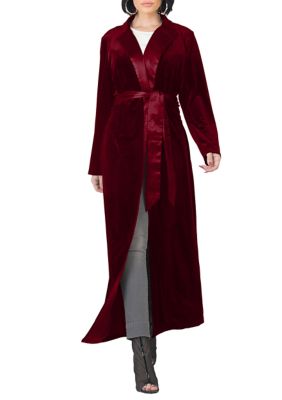 Standards and Practices Women's Freya Stretch Velvet Wrap Midi Coat Dress with Satin Lapel and Satin Belt, Red, Small