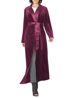 Standards and Practices Women's Freya Stretch Velvet Wrap Midi Coat Dress with Satin Lapel and Satin Belt, Small