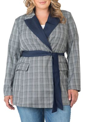 Standards and Practices Women's Plus Size Gina Trim Wrap Blazer with Plaid and Lyocell Trim, Blue