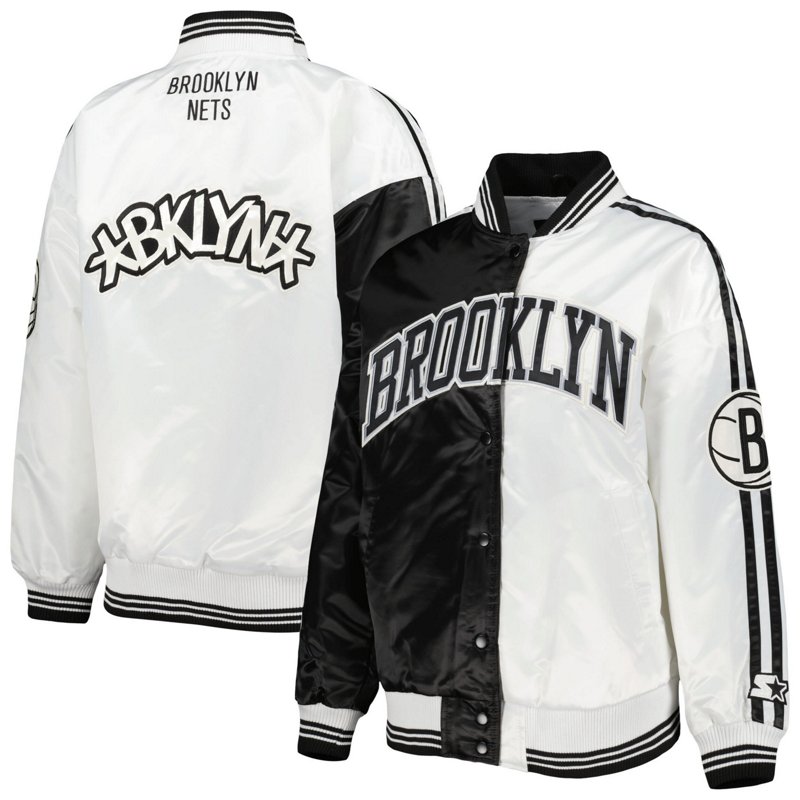 Starter /White Brooklyn Nets Split Colorblock Satin Full-Snap Varsity Jacket Black, 2X-Large - NBA Outerwear Adult/Youth at Academy Sports