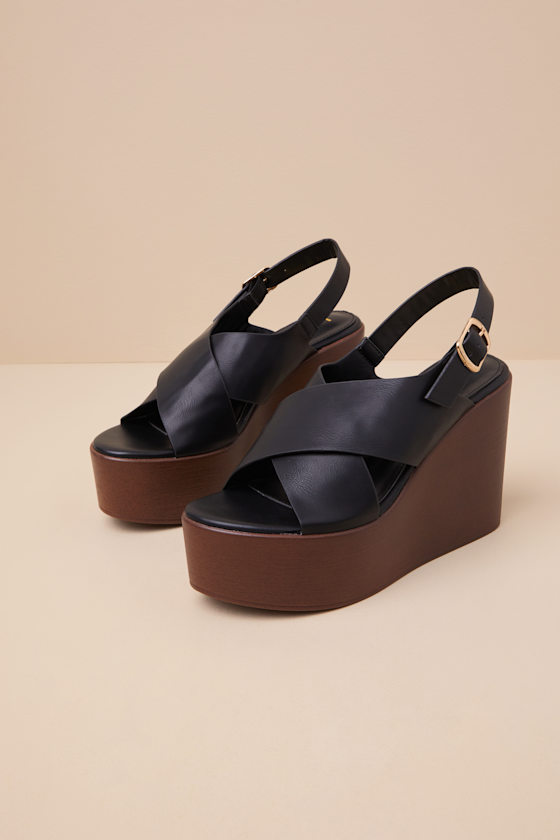 Steena Black Platform Wedge Sandals