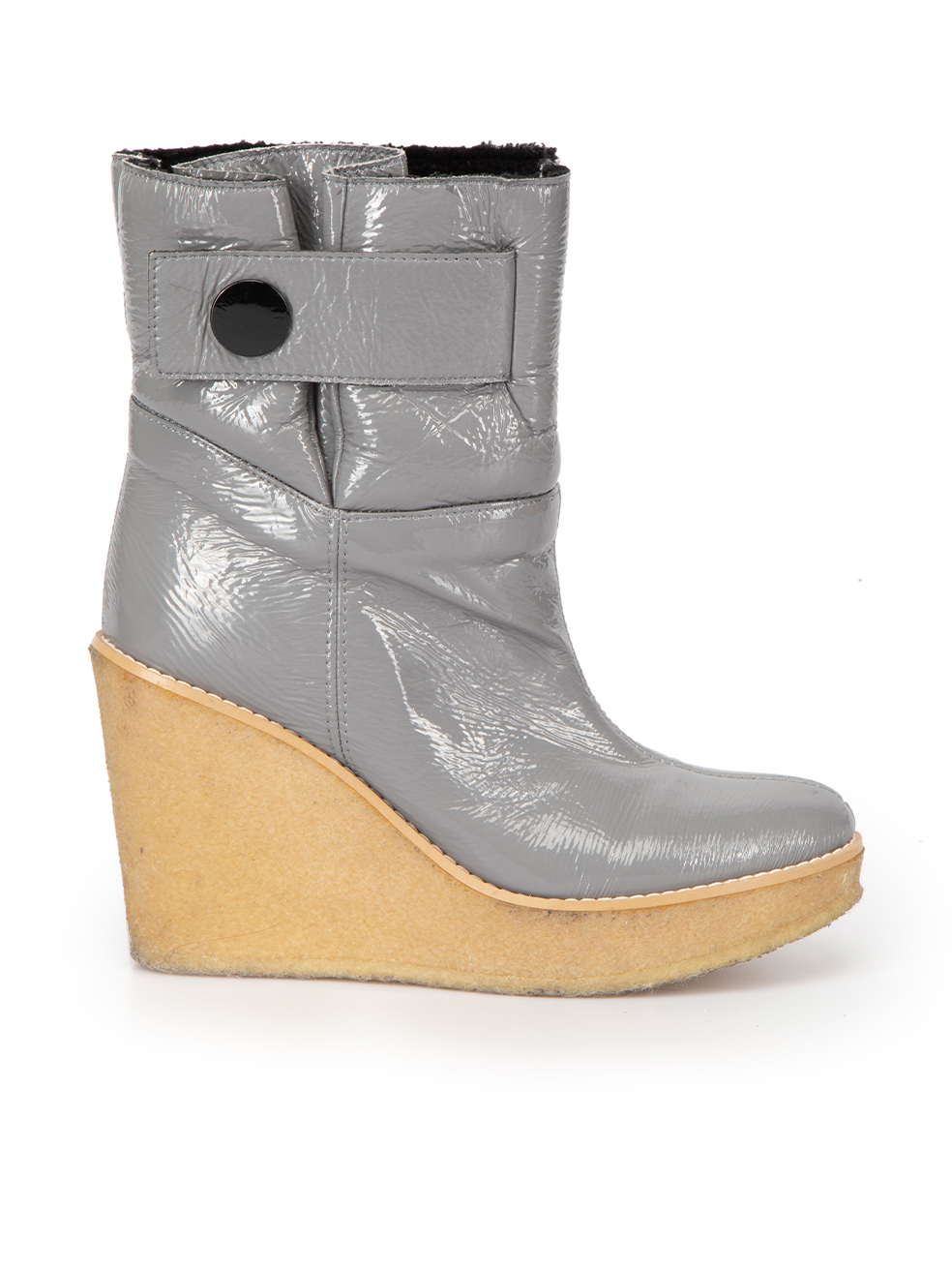 Stella McCartney Grey Vegan Patent Faux Shearling Wedge Boots