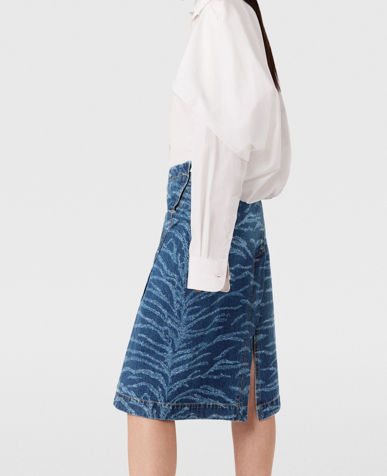 Stella McCartney - Tiger Pattern Asymmetric High-Rise Midi Skirt, Woman, Vintage wash blue denim, Size: L