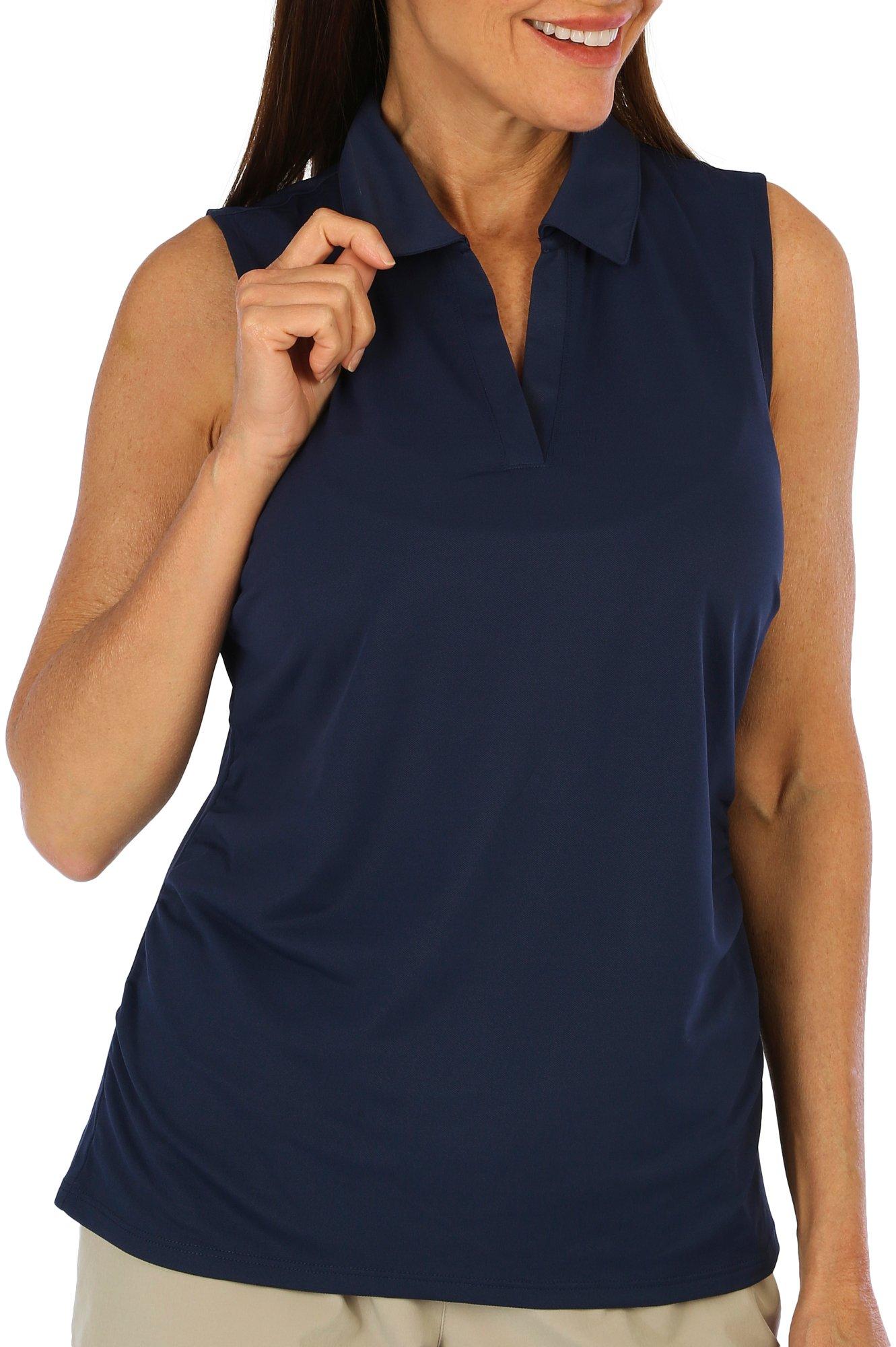 Stella Parker Womens Sleeveless Side Ruch V-neck Polo Top