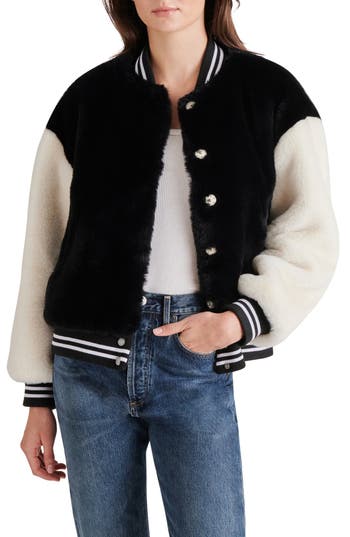 Steve Madden Faux Fur Varsity Jacket in Black at Nordstrom Rack, Size Small