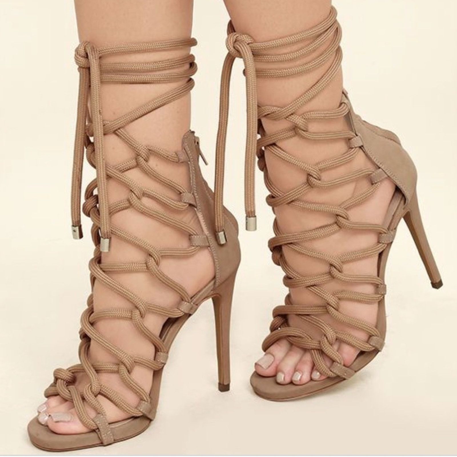 Steve Madden Rope Lace Up Tie Wrap Gladiator Stiletto Sandal in Cream, Women's (Size 9.5)