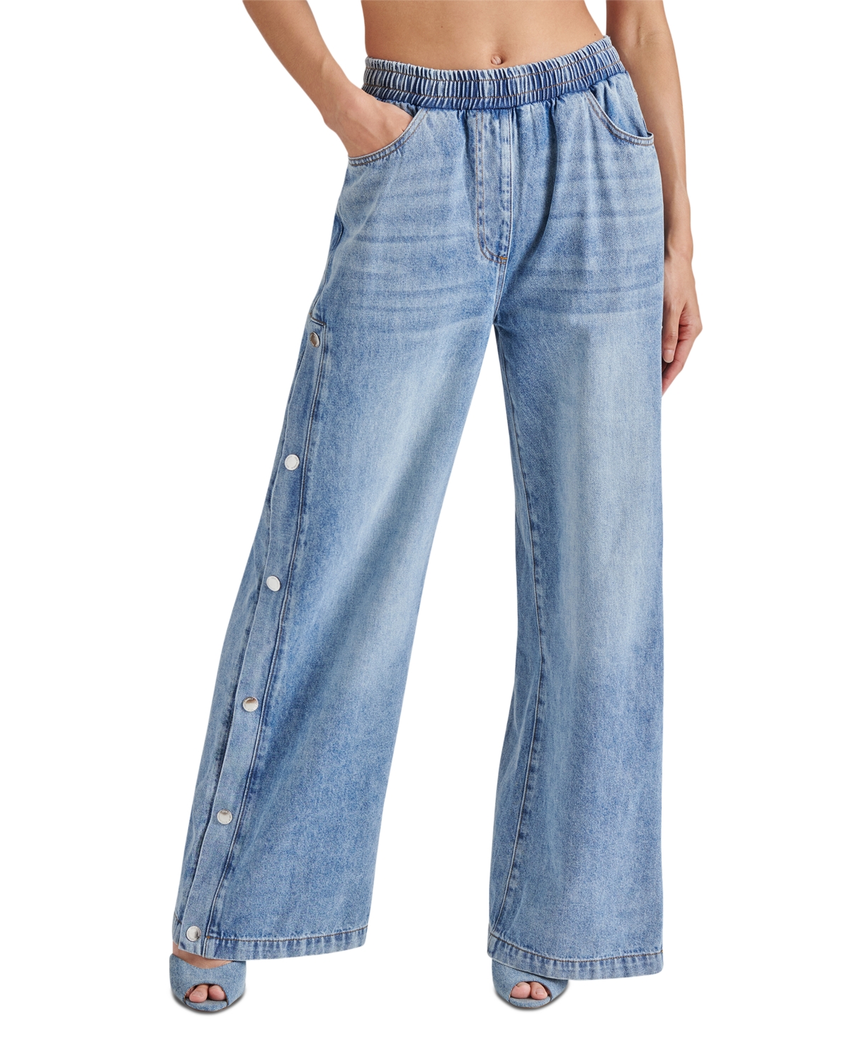Steve Madden Women's Keenie Side-Snap Wide-Leg Denim Pants - Medium Blue