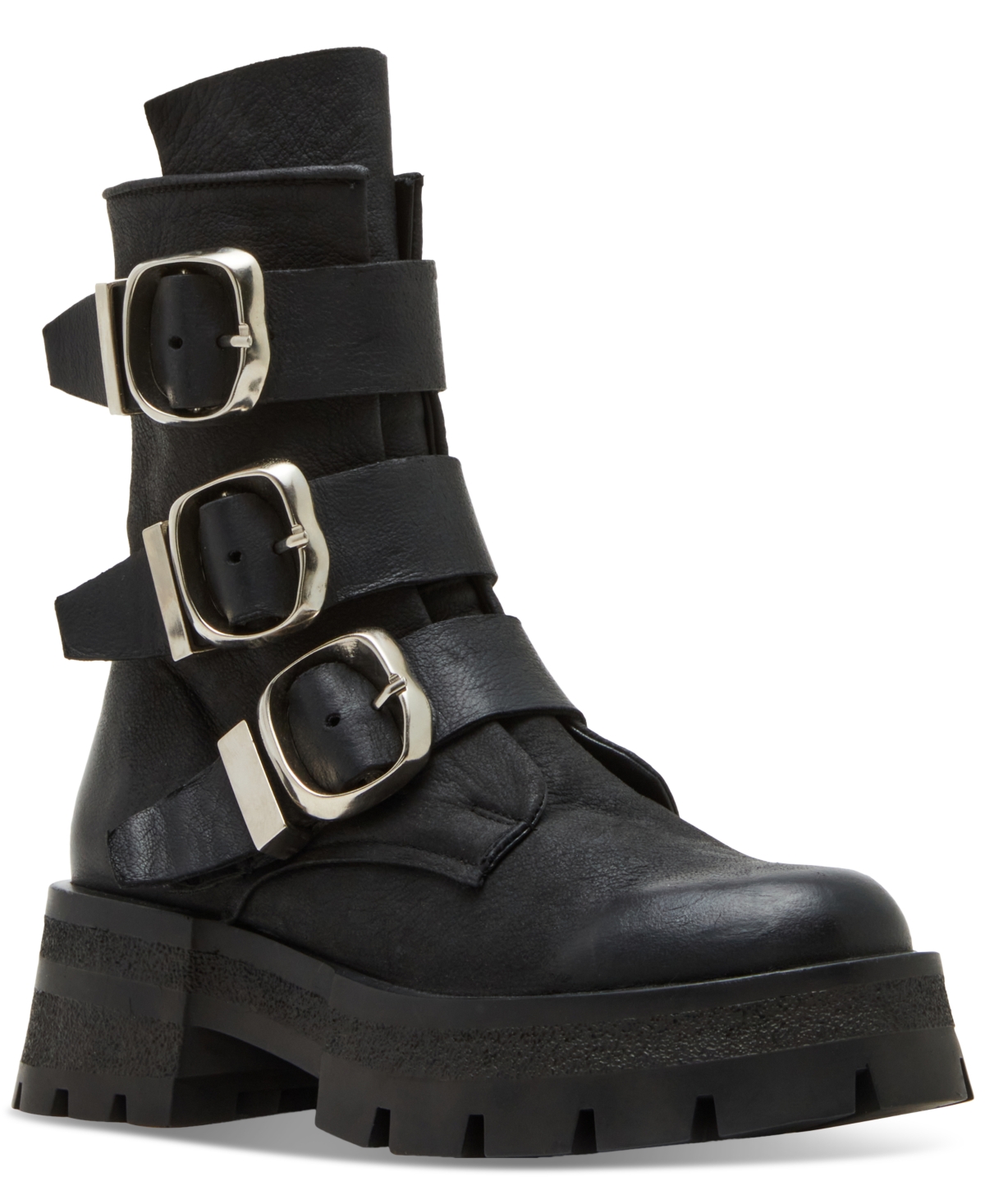 Steve Madden Women's Roland Buckled Moto Platform Lug-Sole Combat Boots - Black