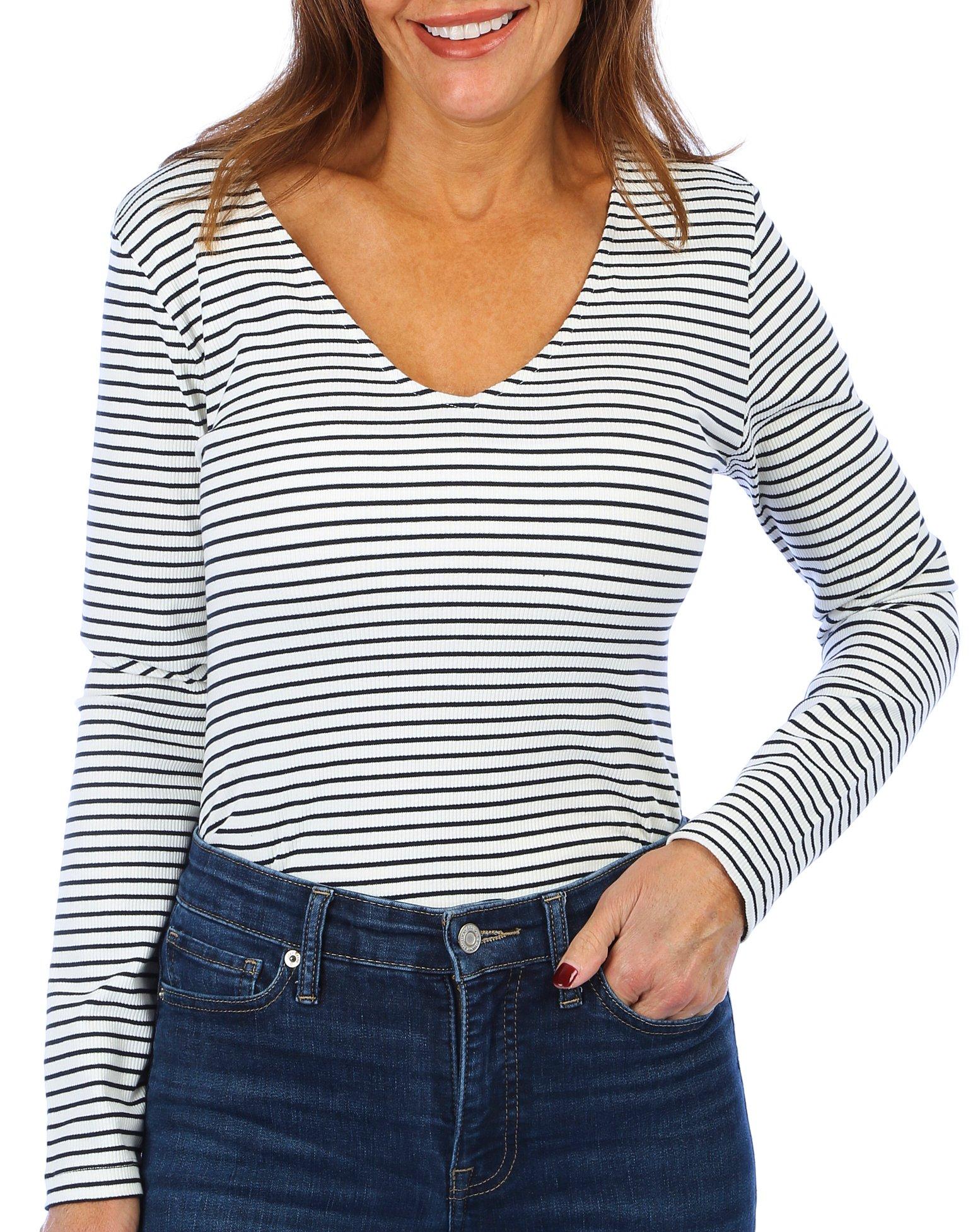 Steve Madden Womens Striped V-Neck Long Sleeve Bodysuit