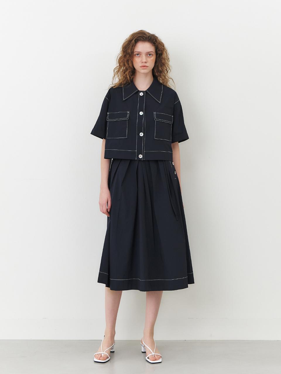 Stitch Button Asymmetrical Pleated Skirt