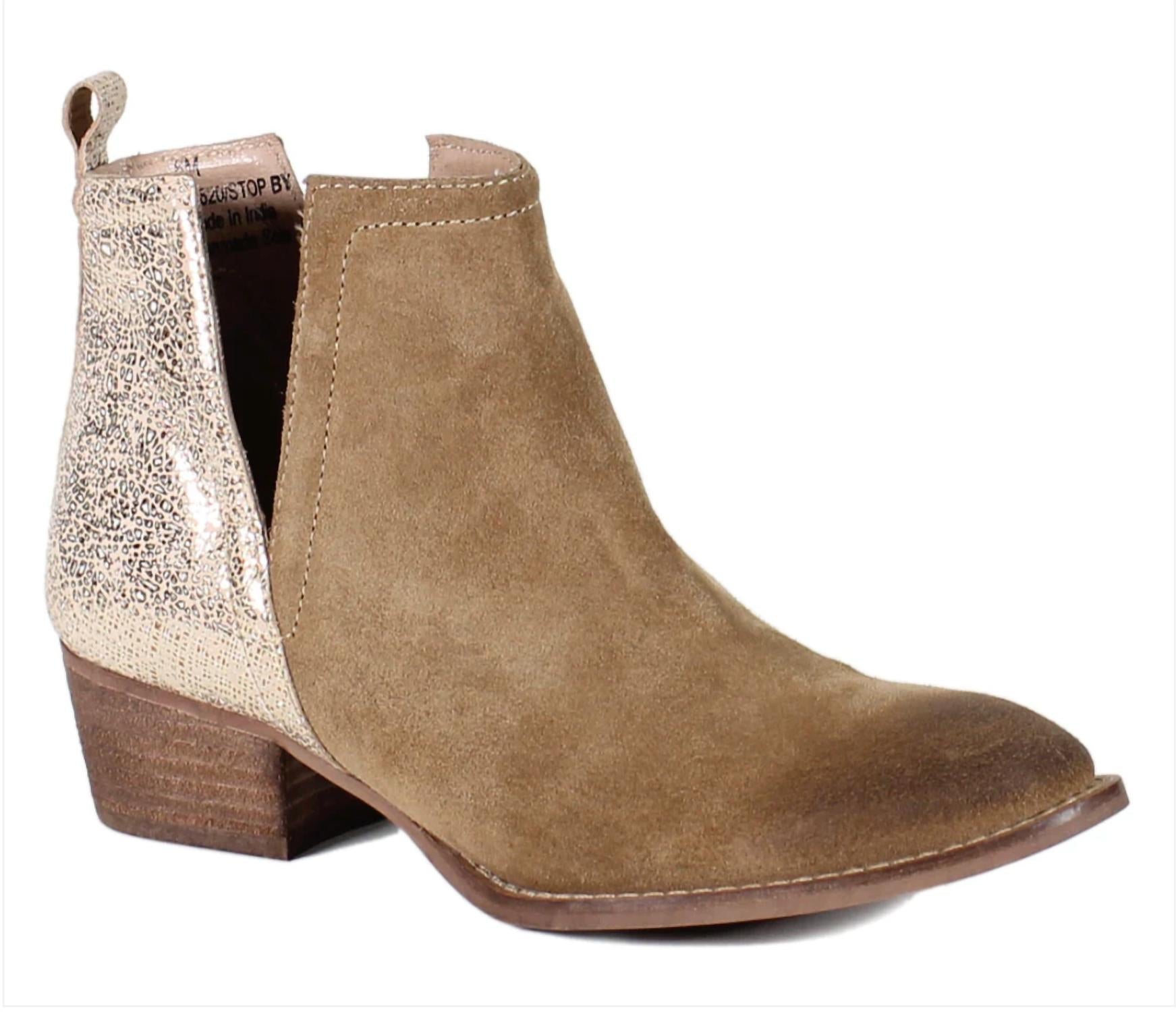 Stop By Metallic Leather Boots In Camel Suede/beige