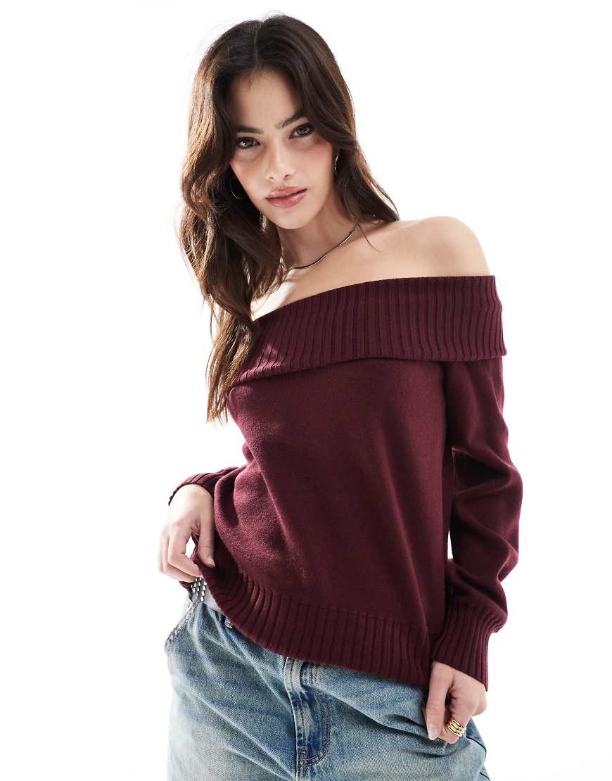 Stradivarius off-the-shoulder knit top in burgundy-Red