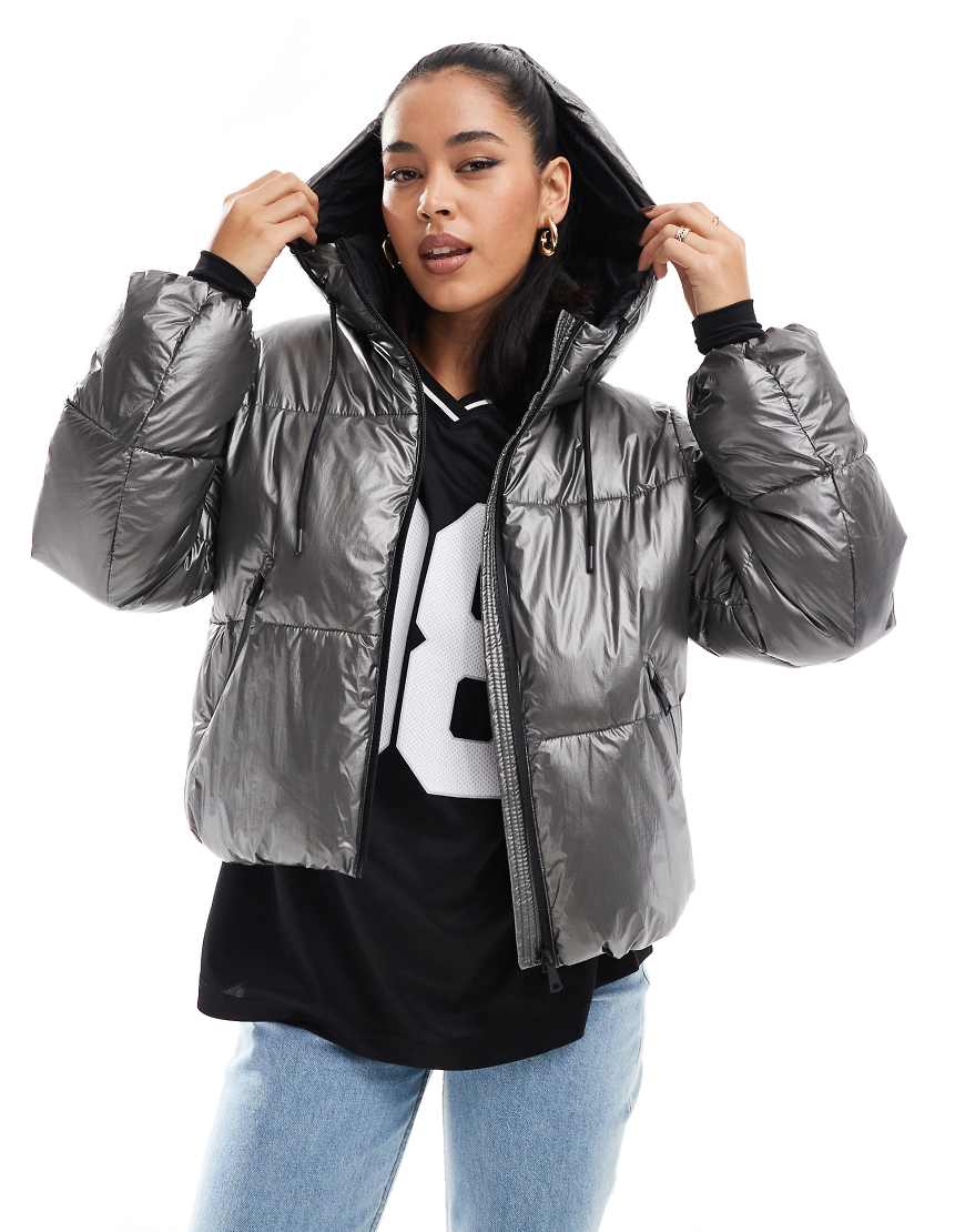 Stradivarius padded jacket with hood in metallic gray