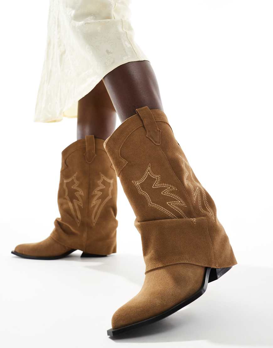 Stradivarius real suede heeled fold over western boot in beige-Neutral