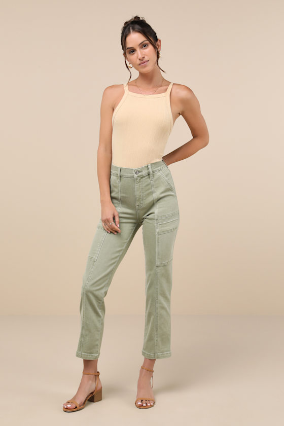 Straight Up Olive Green High-Rise Straight Cropped Cargo Jeans