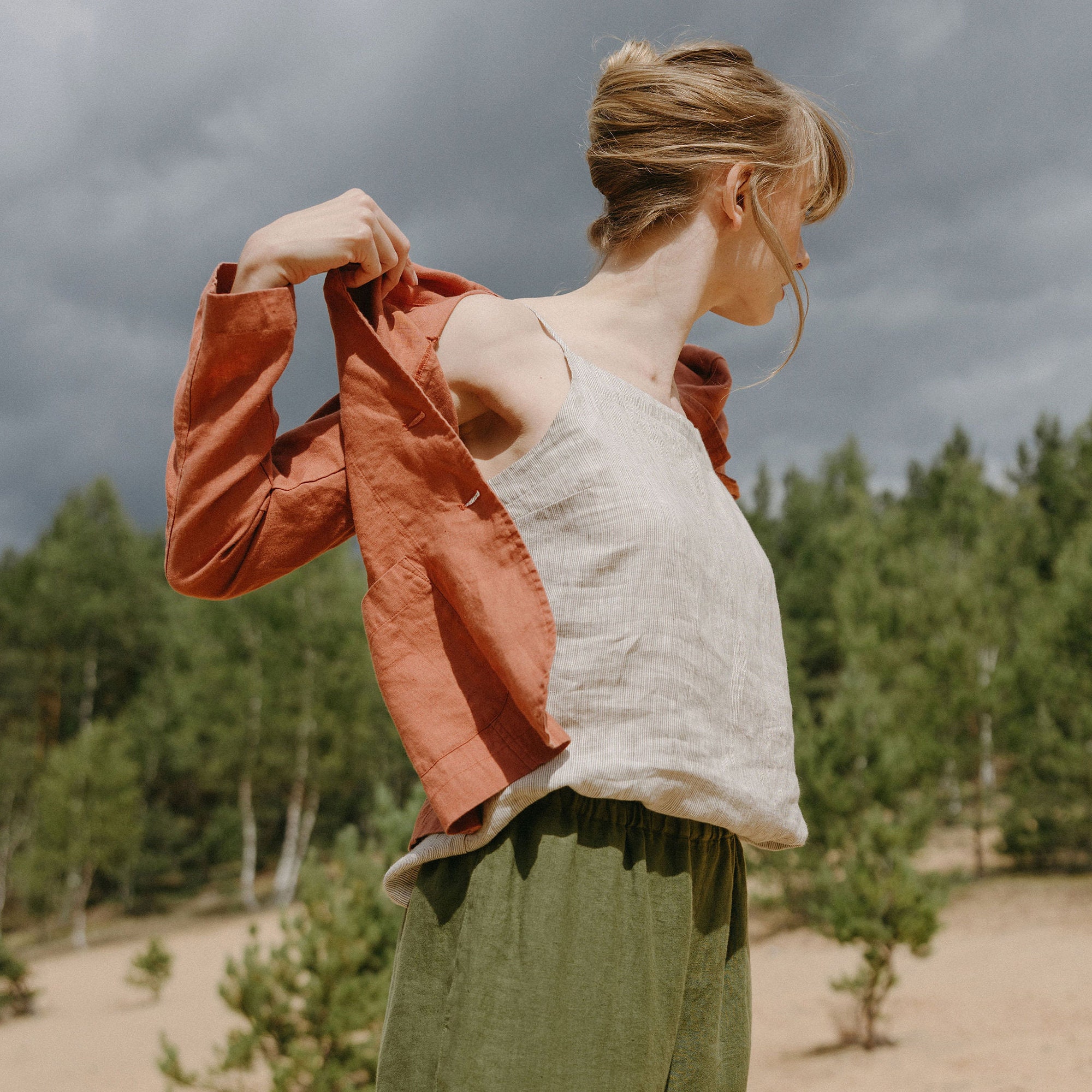 Strappy Striped Linen Top Blouse, Spaghetti Straps Camisole, Sleeveless Tank Gentleness in Striped Linen