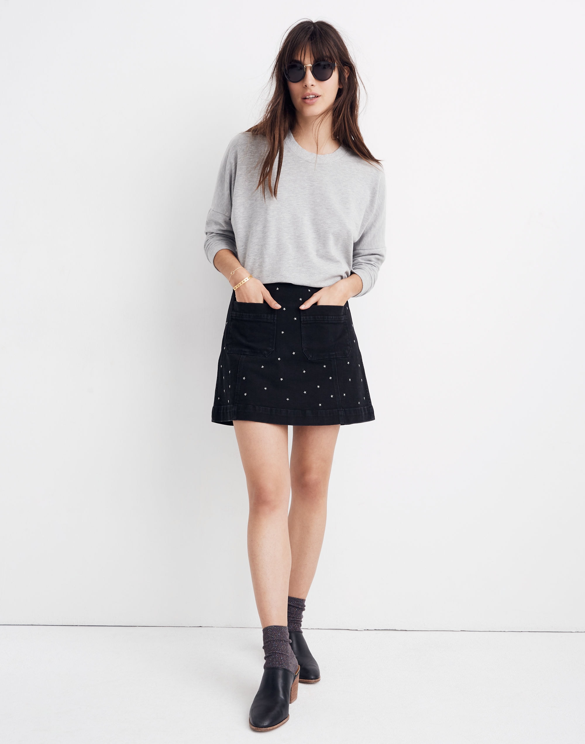 Stretch Denim A-Line Mini Skirt: Star Stud Edition